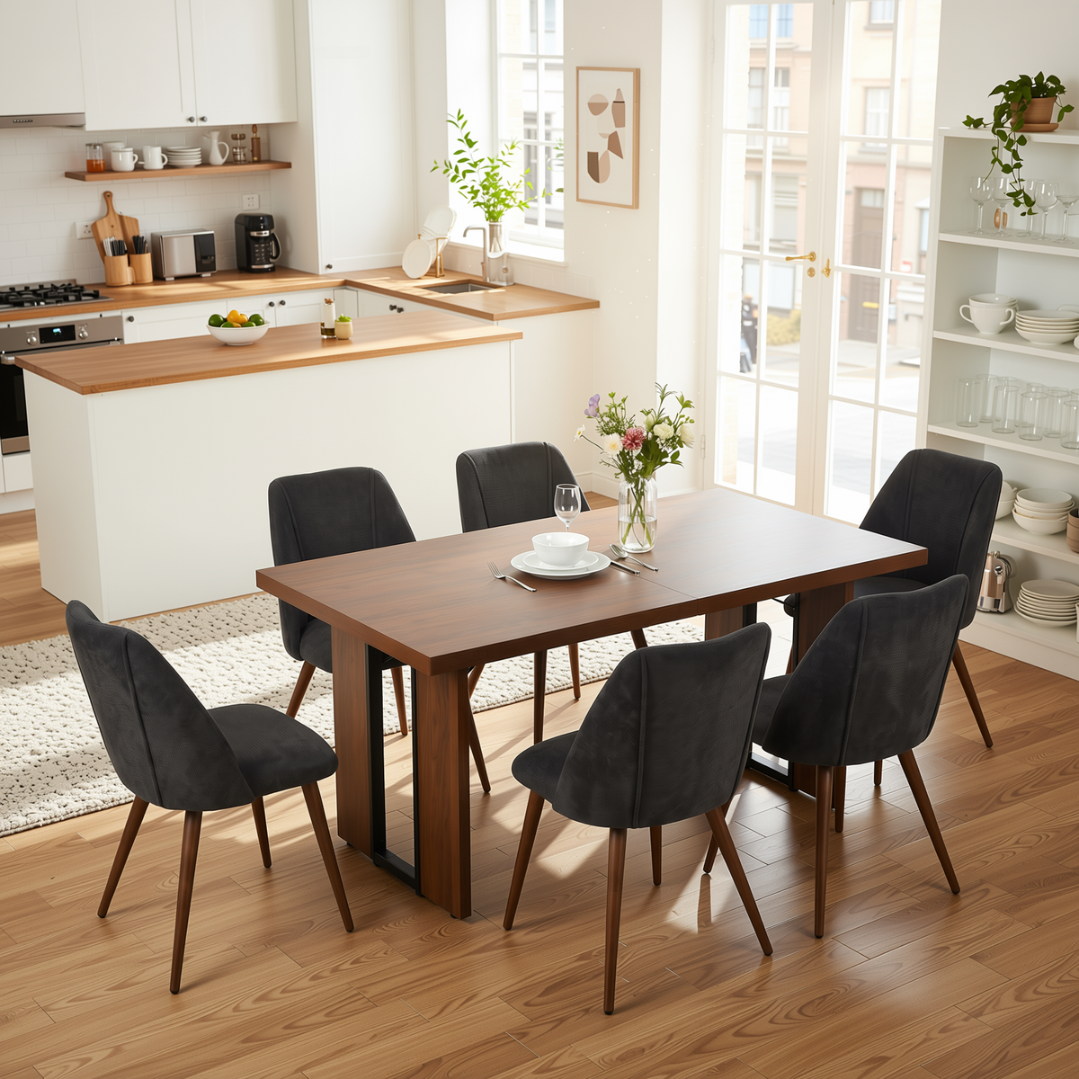 Homy Casa SORIAN+KALI 7PC Dining Set 63" Table with 6 Charcoal Fabric Walnut Leg Chairs