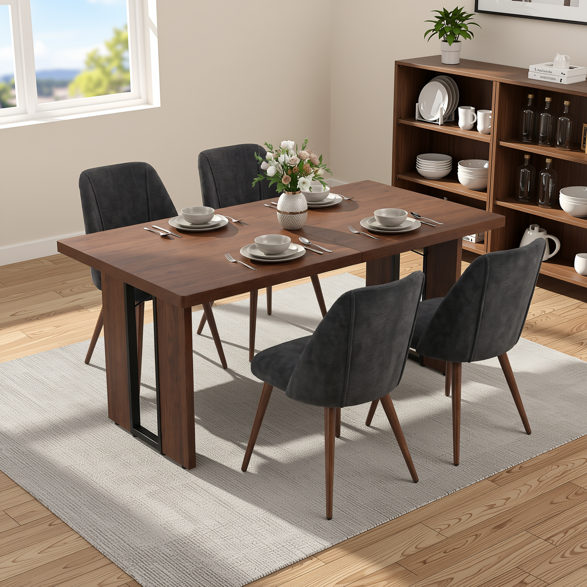 Homy Casa SORIAN+KALI 5PC Dining Set 63” Table with 4 Charcoal Fabric Chairs Walnut Finish