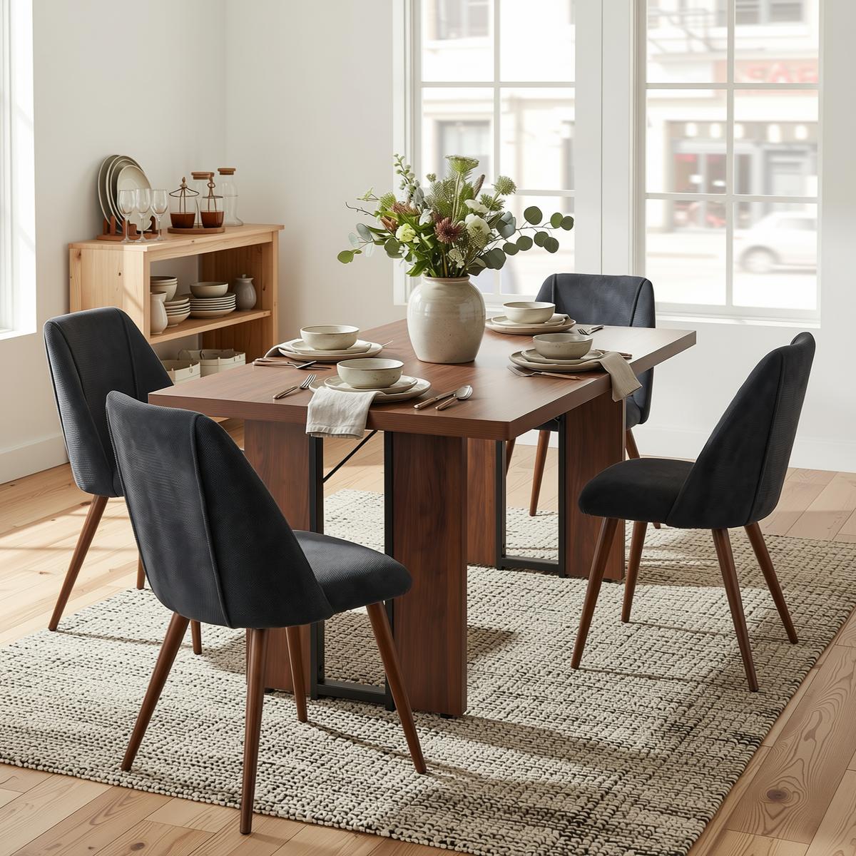 Homy Casa SORIAN+KALI 5PC Dining Set 63” Table with 4 Charcoal Fabric Chairs Walnut Finish