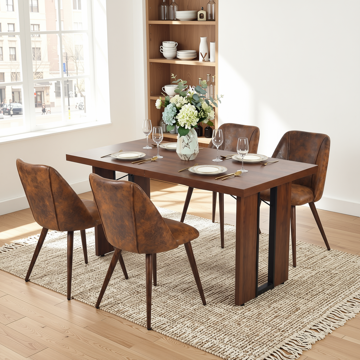 Homy Casa SORIAN+KALI 5PC Dining Set 63" Table with 4 KALI Brown Faux Suede Chairs Walnut Finish
