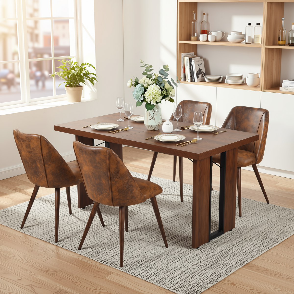 Homy Casa SORIAN+KALI 5PC Dining Set 63" Table with 4 KALI Brown Faux Suede Chairs Walnut Finish