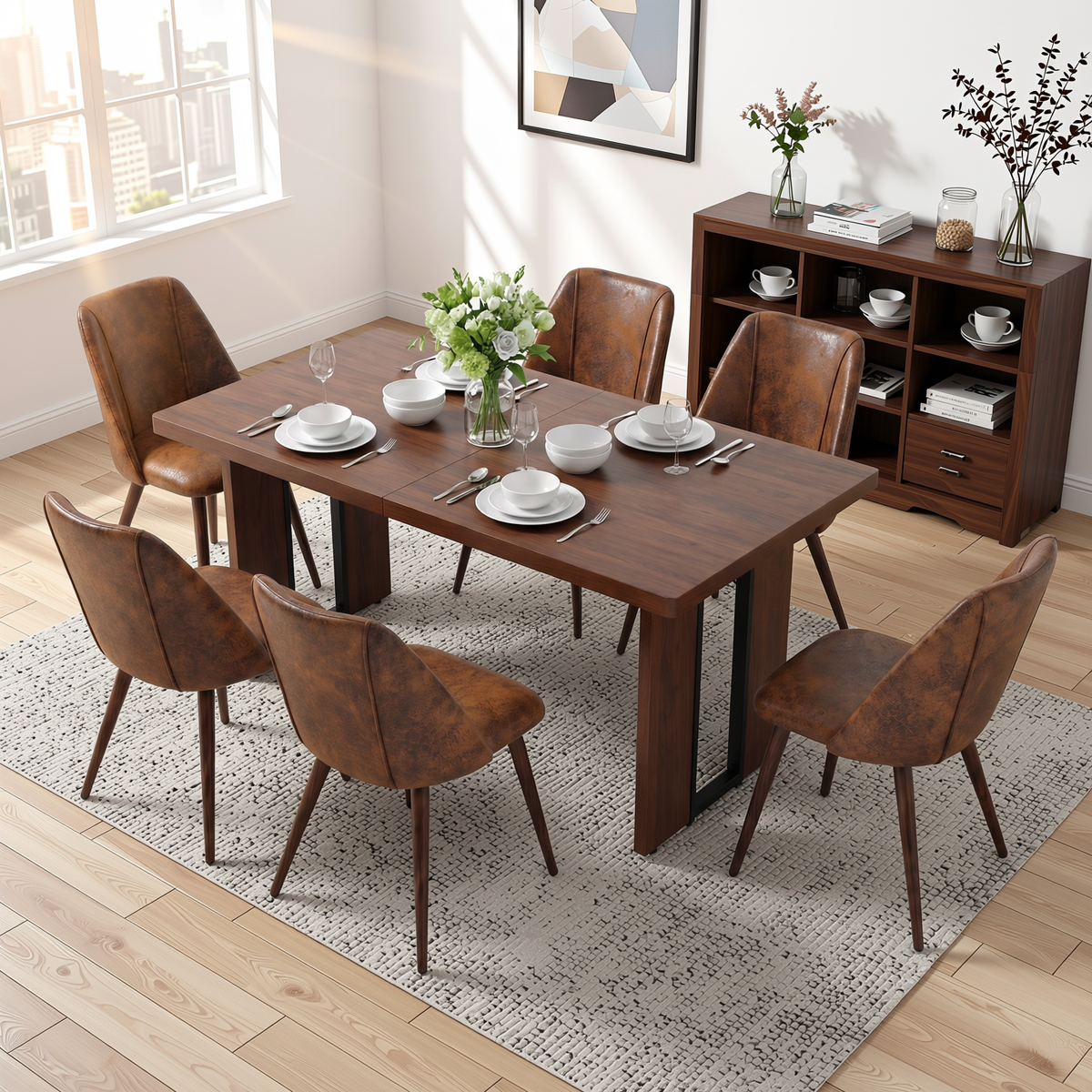 Homy Casa SORIAN+KALI 7PC Dining Set 63" Table with 6 KALI Suede Brown Walnut-Leg Chairs for Kitchen & Dining Room