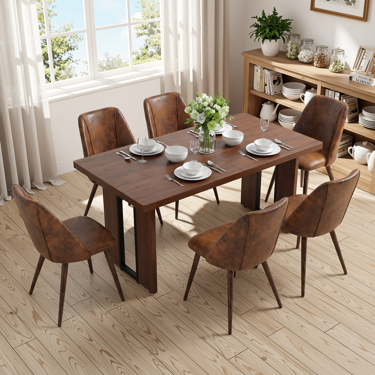 Homy Casa SORIAN+KALI 7PC Dining Set 63" Table with 6 KALI Suede Brown Walnut-Leg Chairs for Kitchen & Dining Room