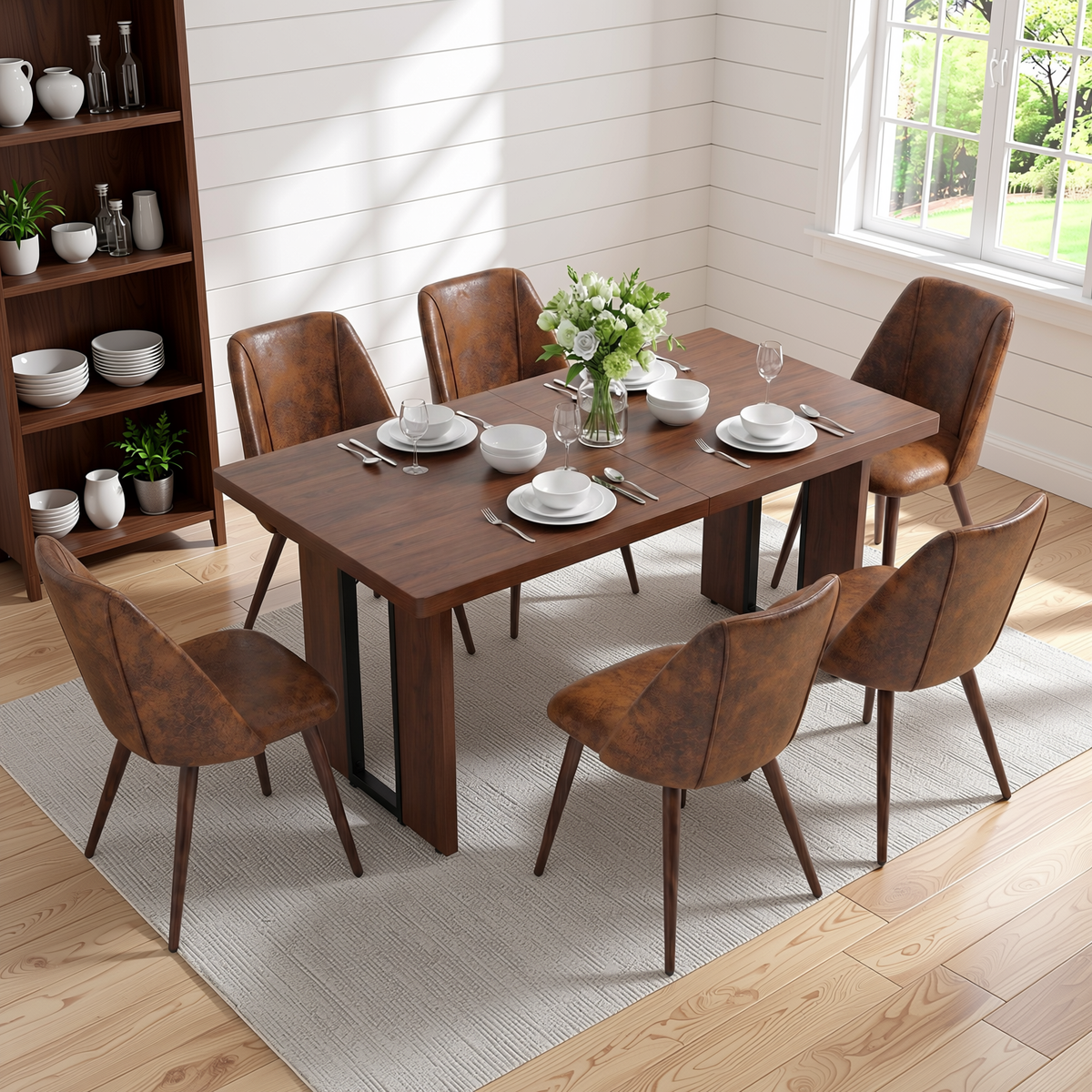 Homy Casa SORIAN+KALI 7PC Dining Set 63" Table with 6 KALI Suede Brown Walnut-Leg Chairs for Kitchen & Dining Room
