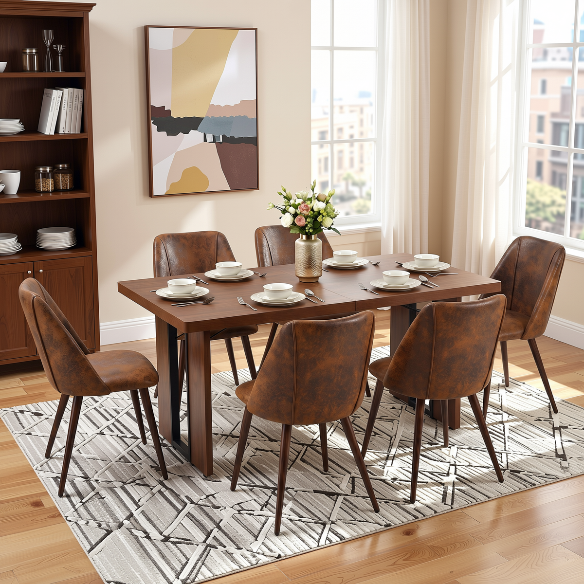 Homy Casa SORIAN+KALI 7PC Dining Set 63" Table with 6 KALI Suede Brown Walnut-Leg Chairs for Kitchen & Dining Room