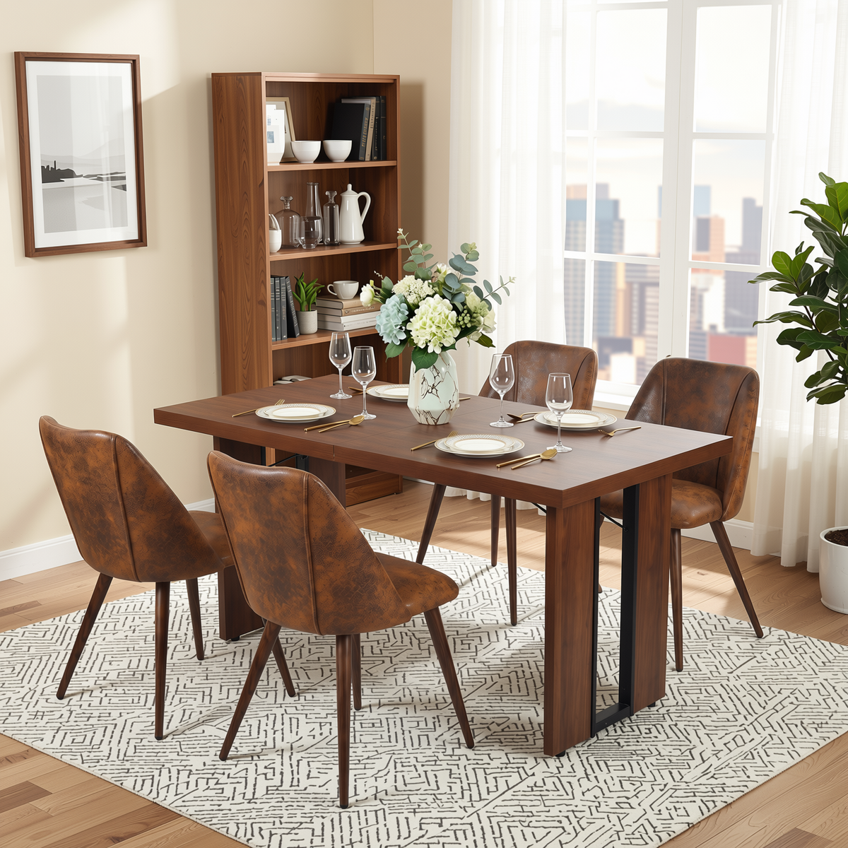 Homy Casa SORIAN+KALI 5PC Dining Set 63" Table with 4 KALI Brown Faux Suede Chairs Walnut Finish
