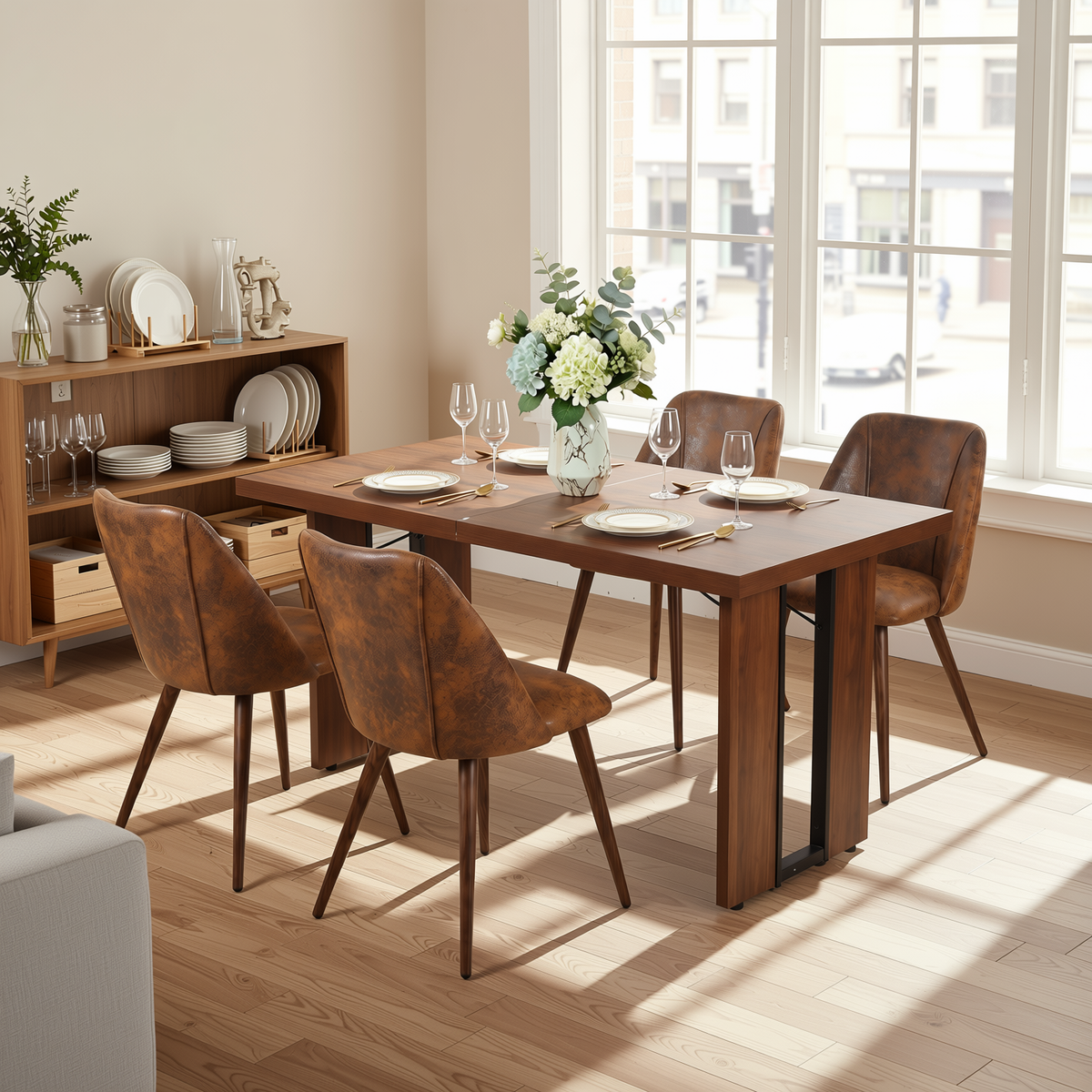 Homy Casa SORIAN+KALI 5PC Dining Set 63" Table with 4 KALI Brown Faux Suede Chairs Walnut Finish