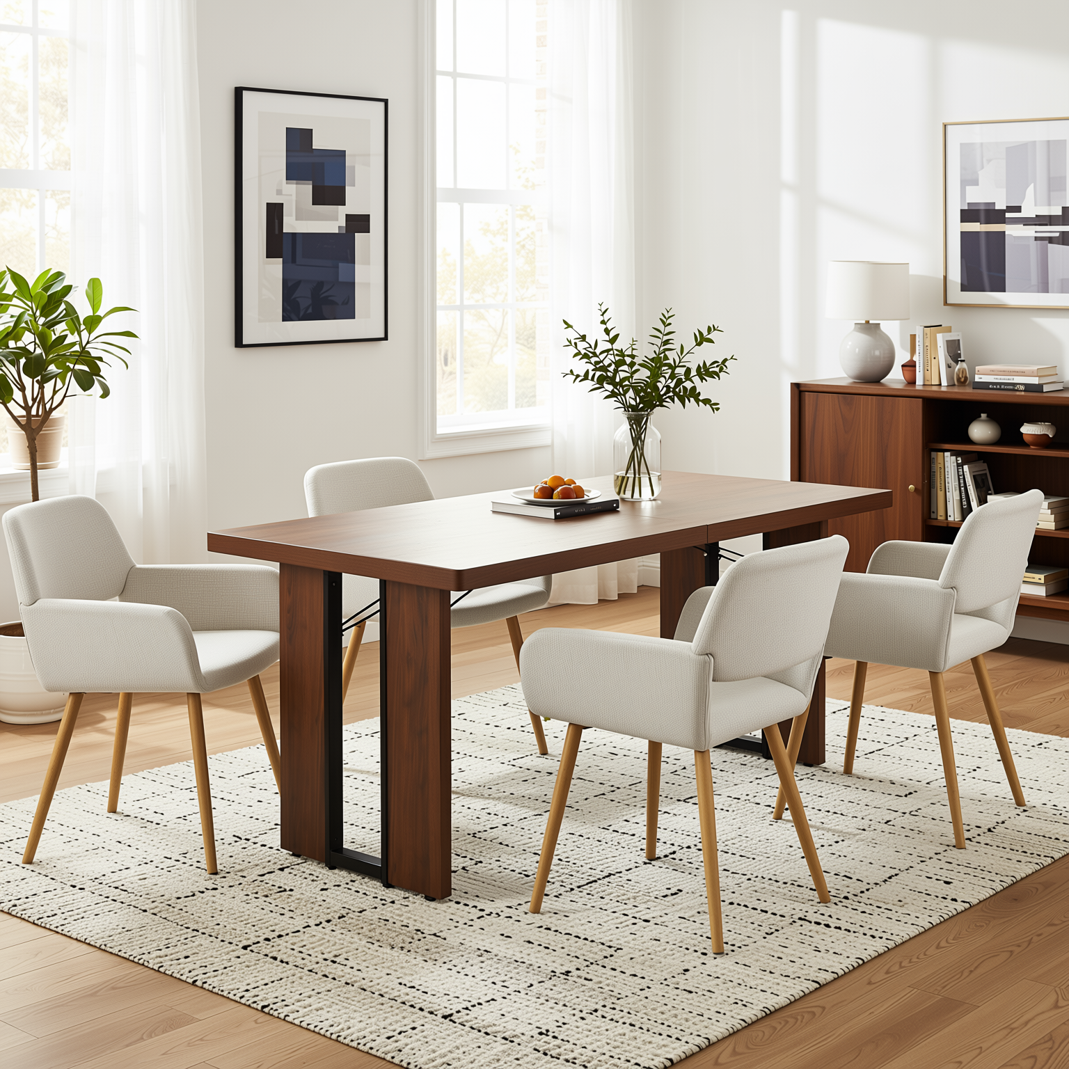 Homy Casa SORIAN+MAYFAIR 5PC Dining Set 63" Rectangular Table with 4 Beige Upholstered Chairs, Light Wood Look Legs