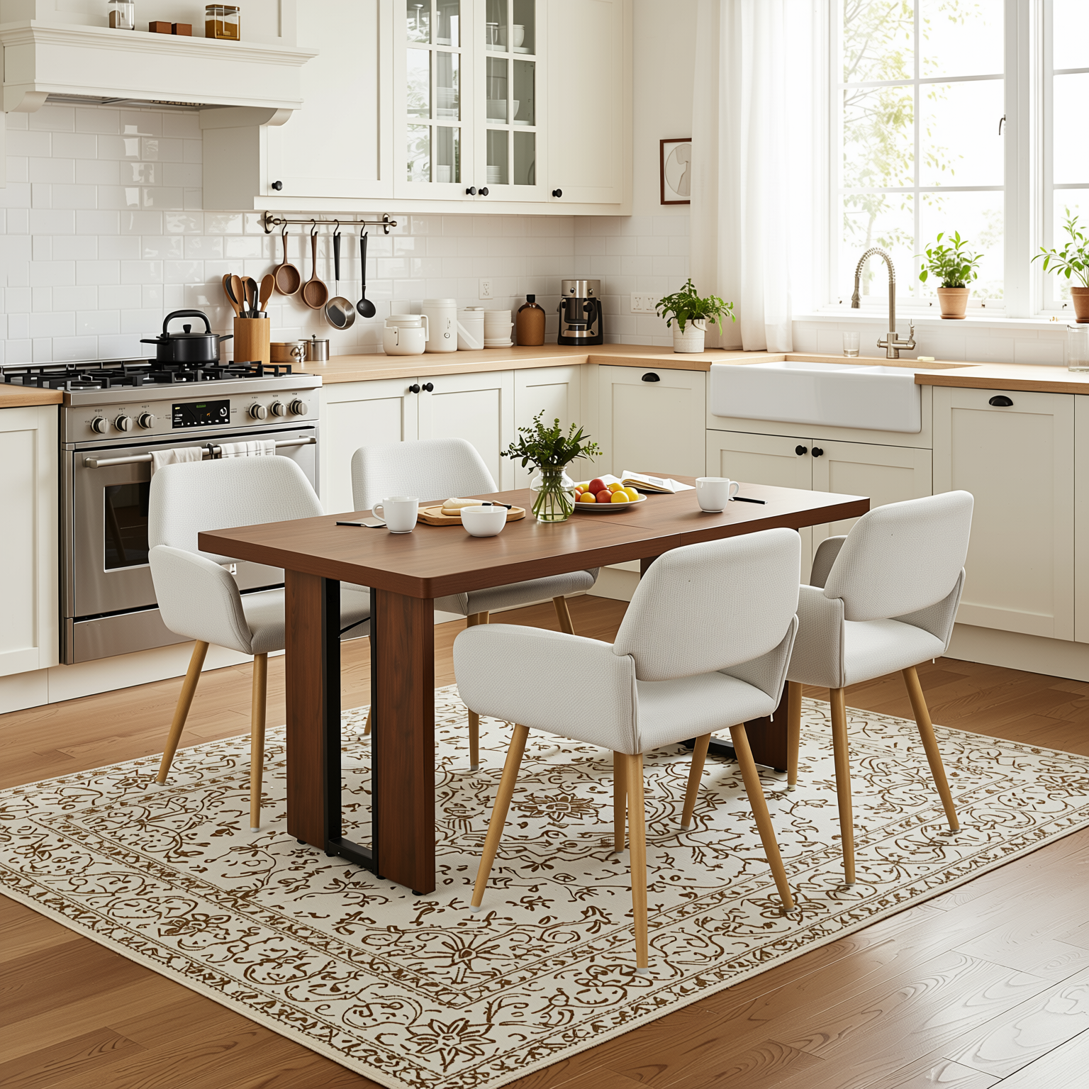 Homy Casa SORIAN+MAYFAIR 5PC Dining Set 63" Rectangular Table with 4 Beige Upholstered Chairs, Light Wood Look Legs