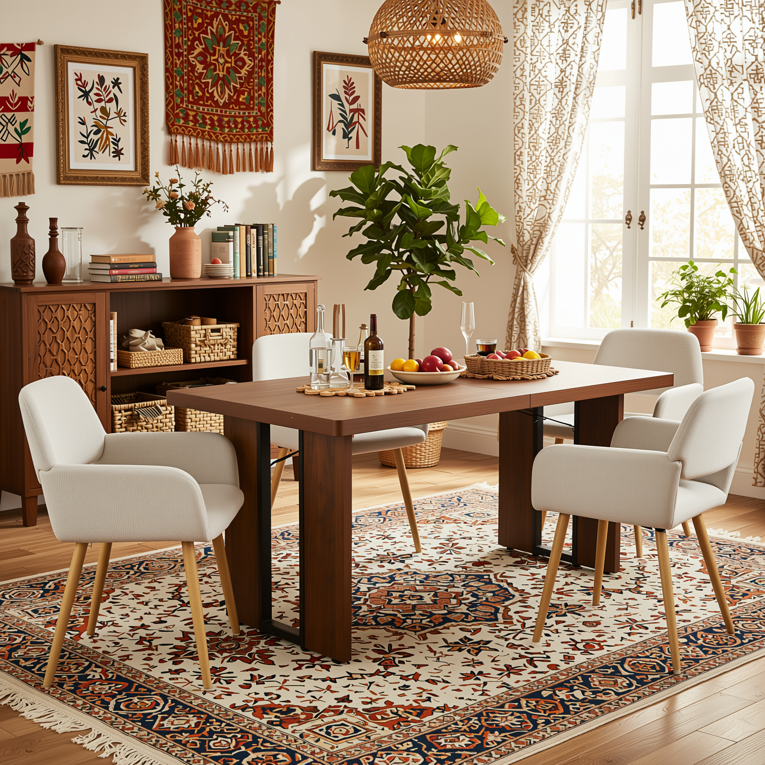 Homy Casa SORIAN+MAYFAIR 5PC Dining Set 63" Rectangular Table with 4 Beige Upholstered Chairs, Light Wood Look Legs