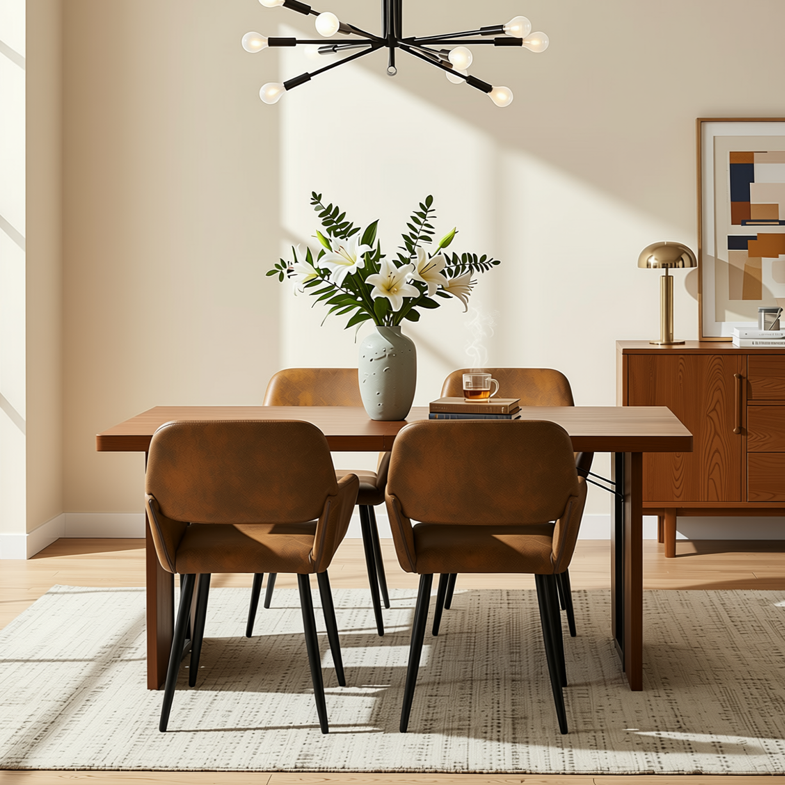 Homy Casa SORIAN+MAYFAIR 5PC Dining Set 63" Table with 4 Suede Brown Upholstered Chairs, Black Legs