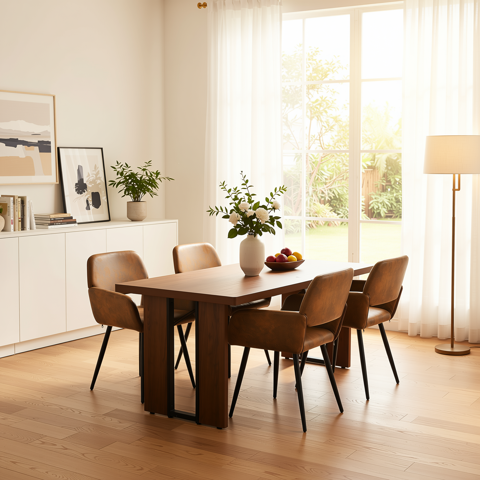 Homy Casa SORIAN+MAYFAIR 5PC Dining Set 63" Table with 4 Suede Brown Upholstered Chairs, Black Legs