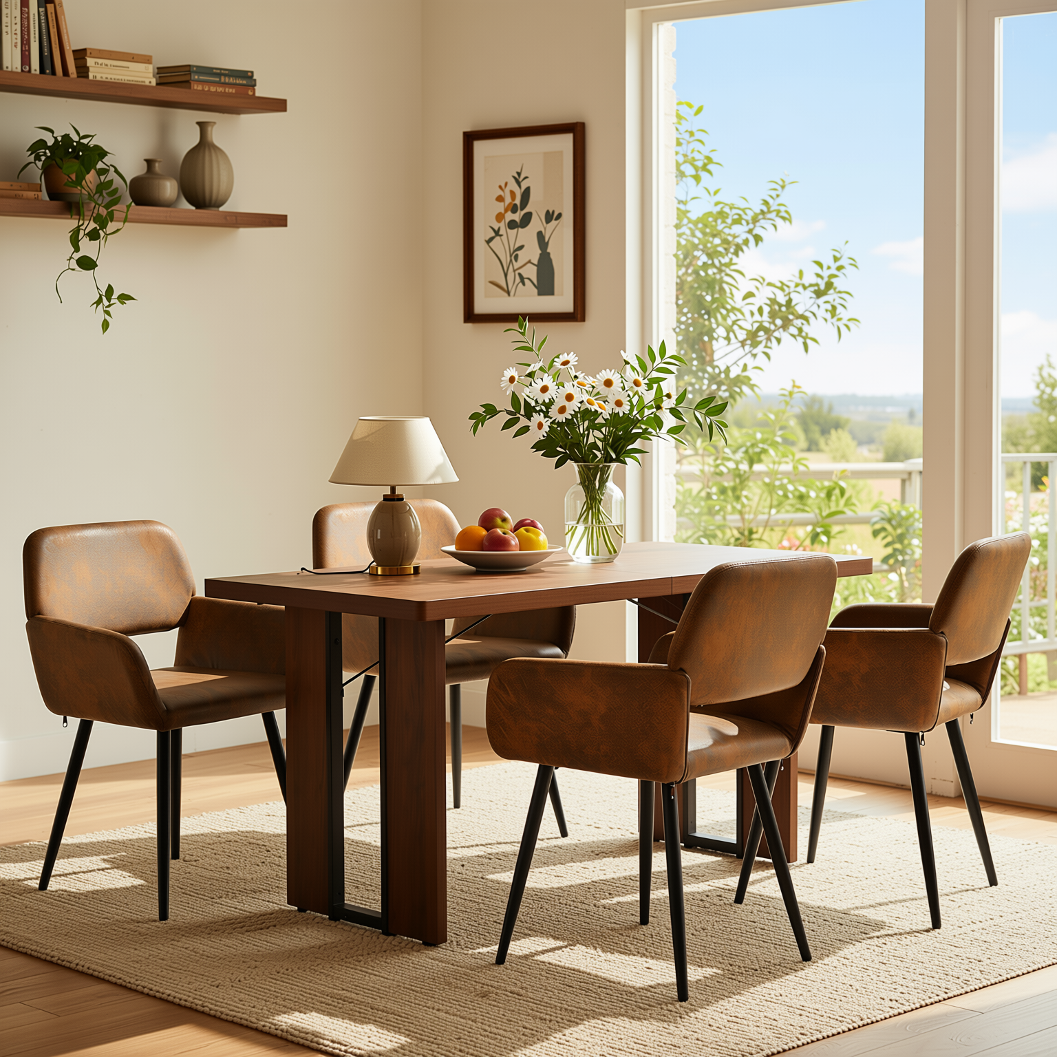 Homy Casa SORIAN+MAYFAIR 5PC Dining Set 63" Table with 4 Suede Brown Upholstered Chairs, Black Legs