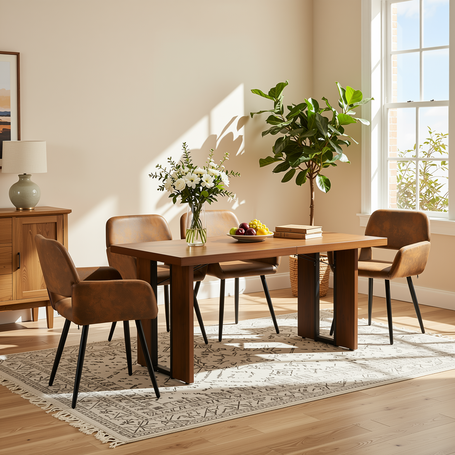 Homy Casa SORIAN+MAYFAIR 5PC Dining Set 63" Table with 4 Suede Brown Upholstered Chairs, Black Legs