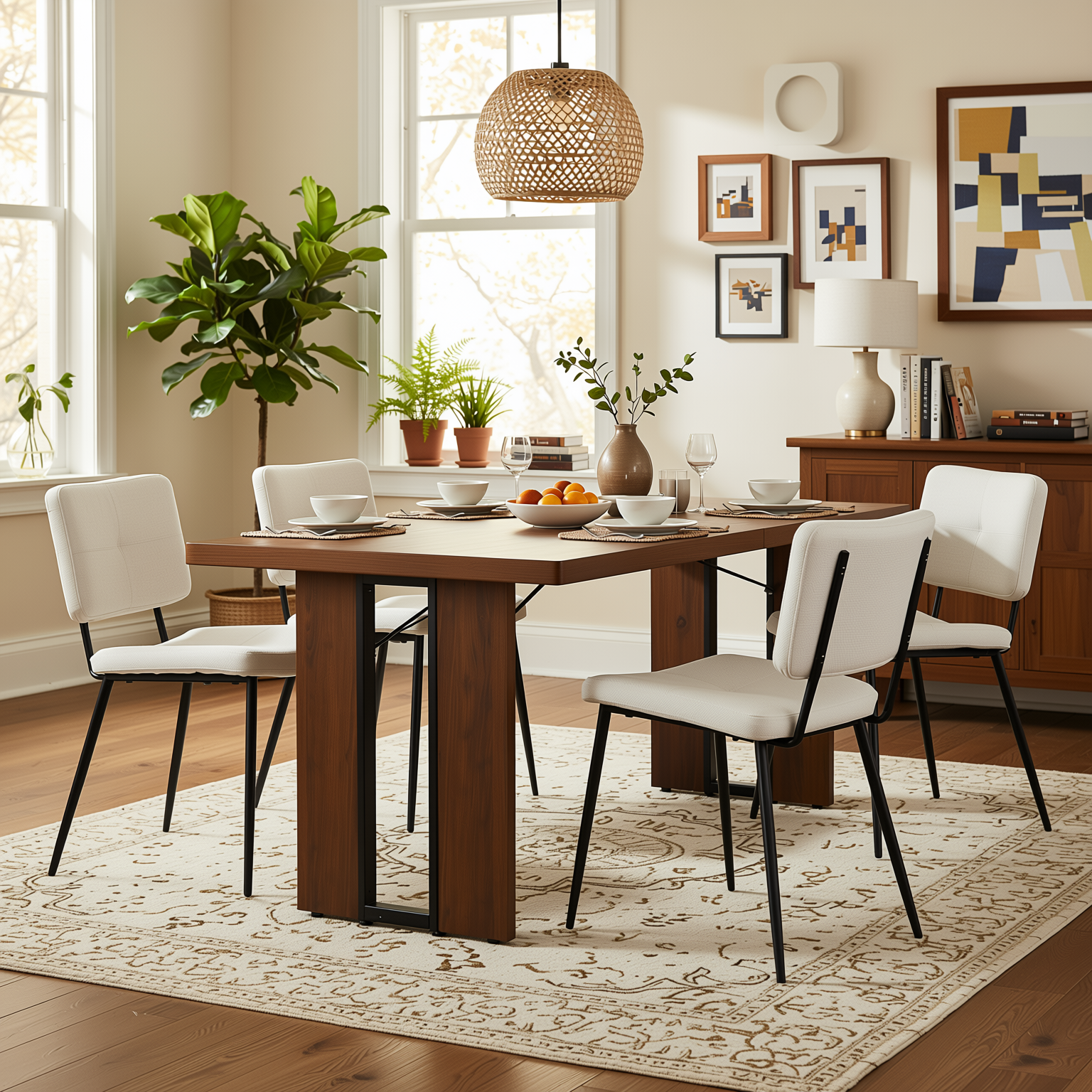 Homy Casa Sorian+Pomona 5PC Dining Set 63" Rectangular Table with Beige Fabric Upholstered Chairs