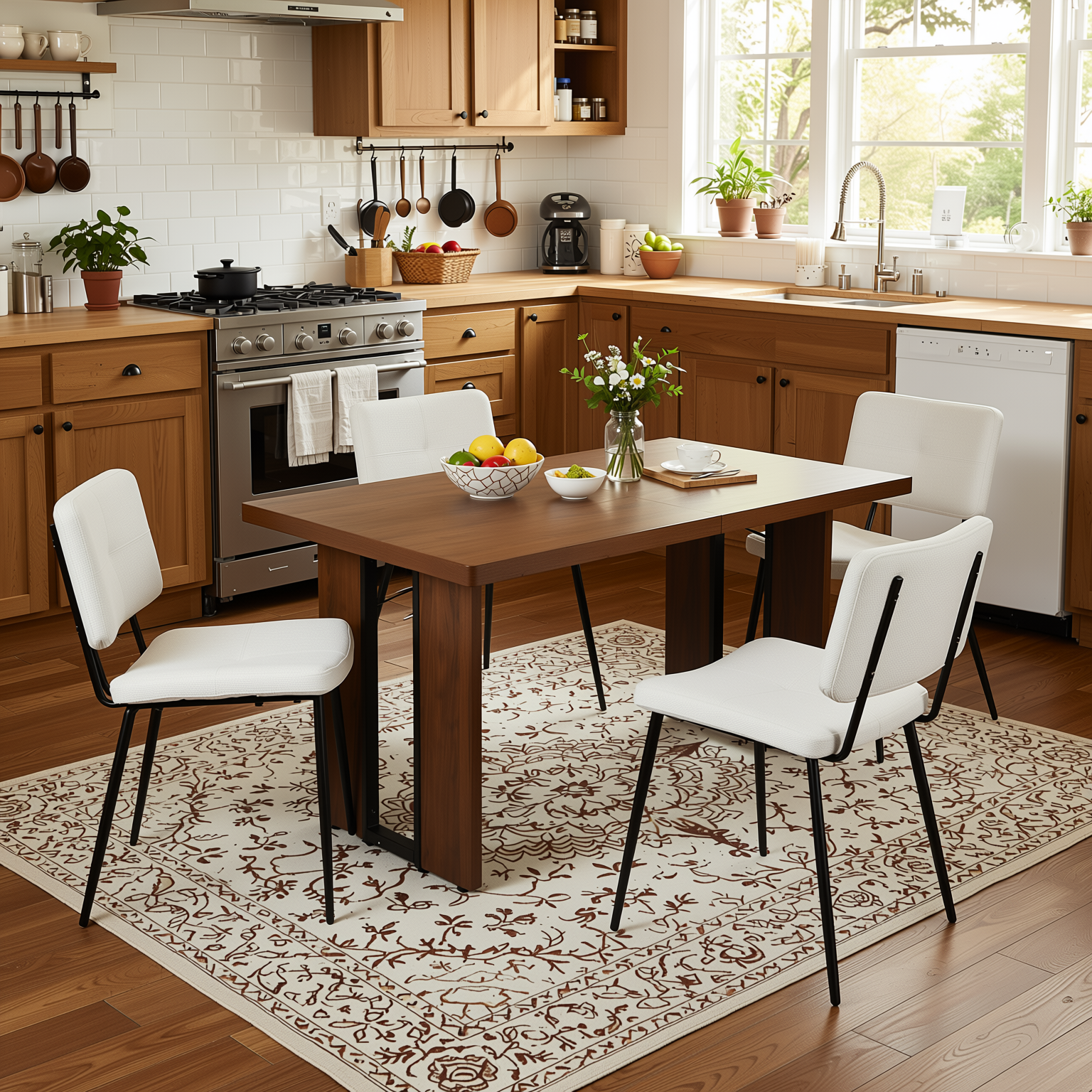 Homy Casa Sorian+Pomona 5PC Dining Set 63" Rectangular Table with Beige Fabric Upholstered Chairs