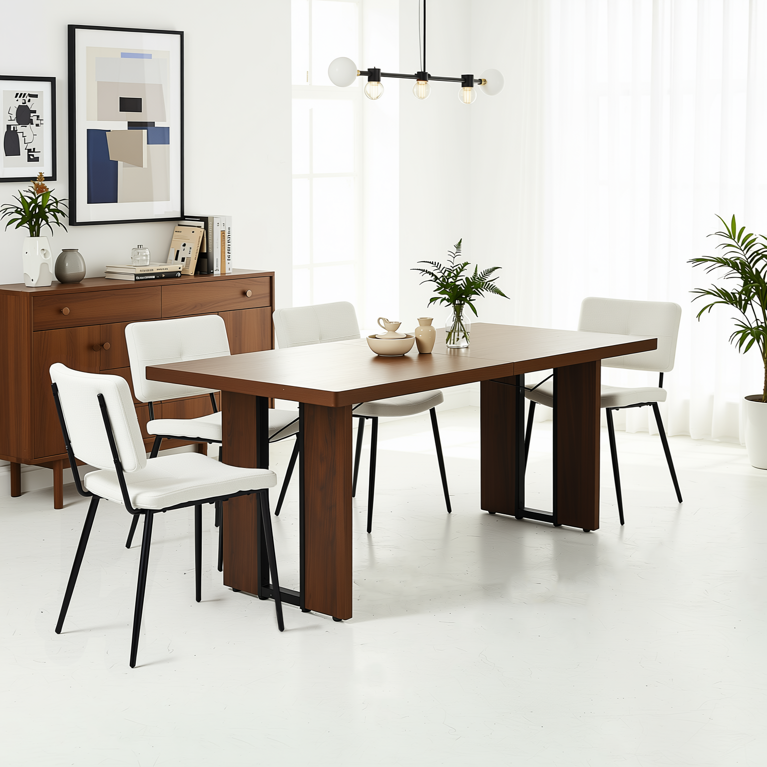 Homy Casa Sorian+Pomona 5PC Dining Set 63" Rectangular Table with Beige Fabric Upholstered Chairs