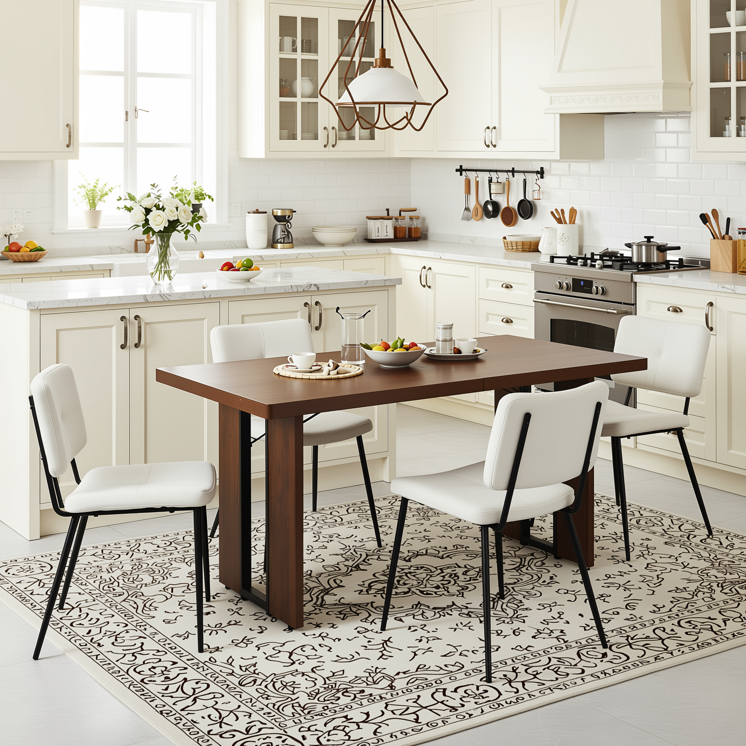 Homy Casa Sorian+Pomona 5PC Dining Set 63" Rectangular Table with Beige Fabric Upholstered Chairs