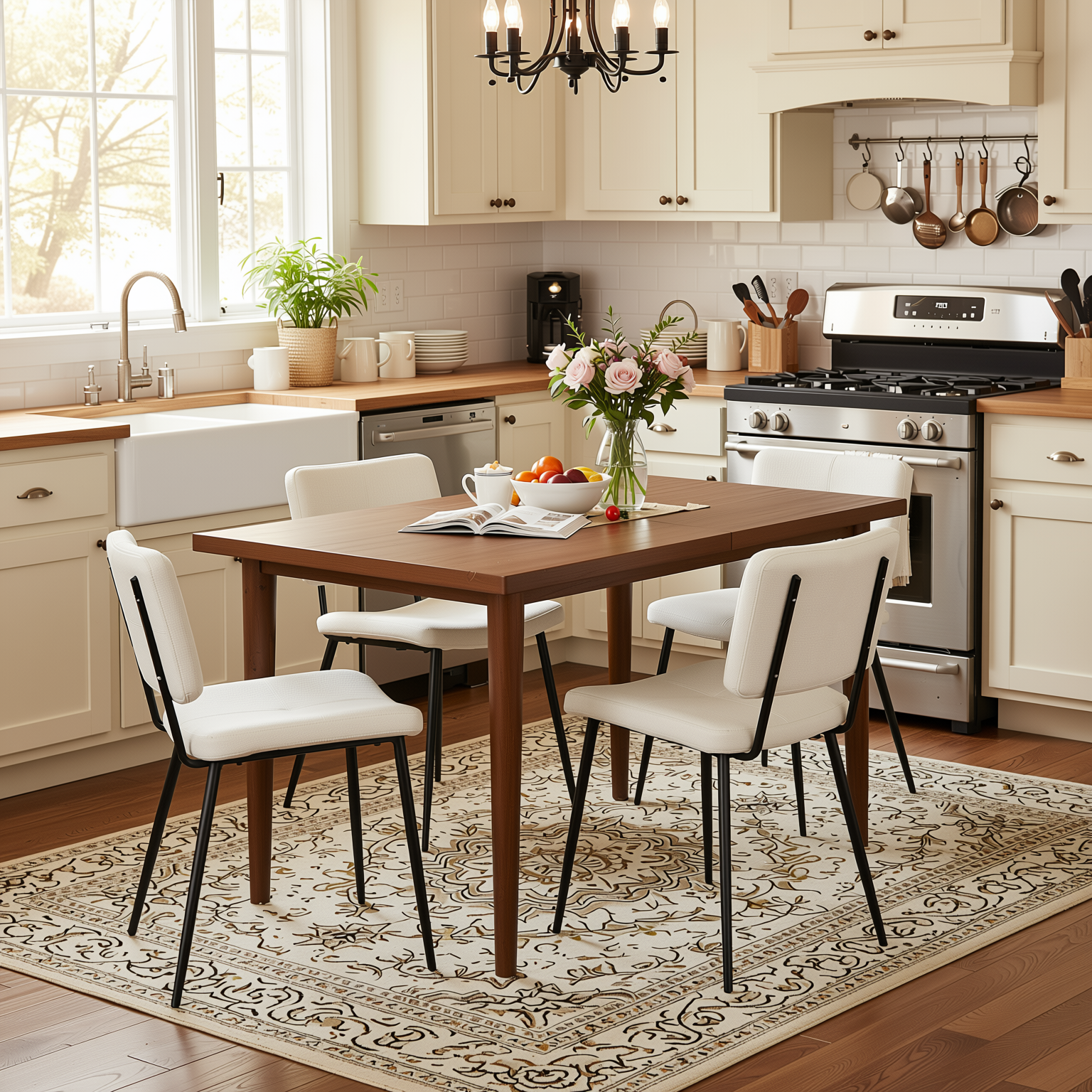 Homy Casa Sorian+Pomona 5PC Dining Set 63" Rectangular Table with Beige Fabric Upholstered Chairs