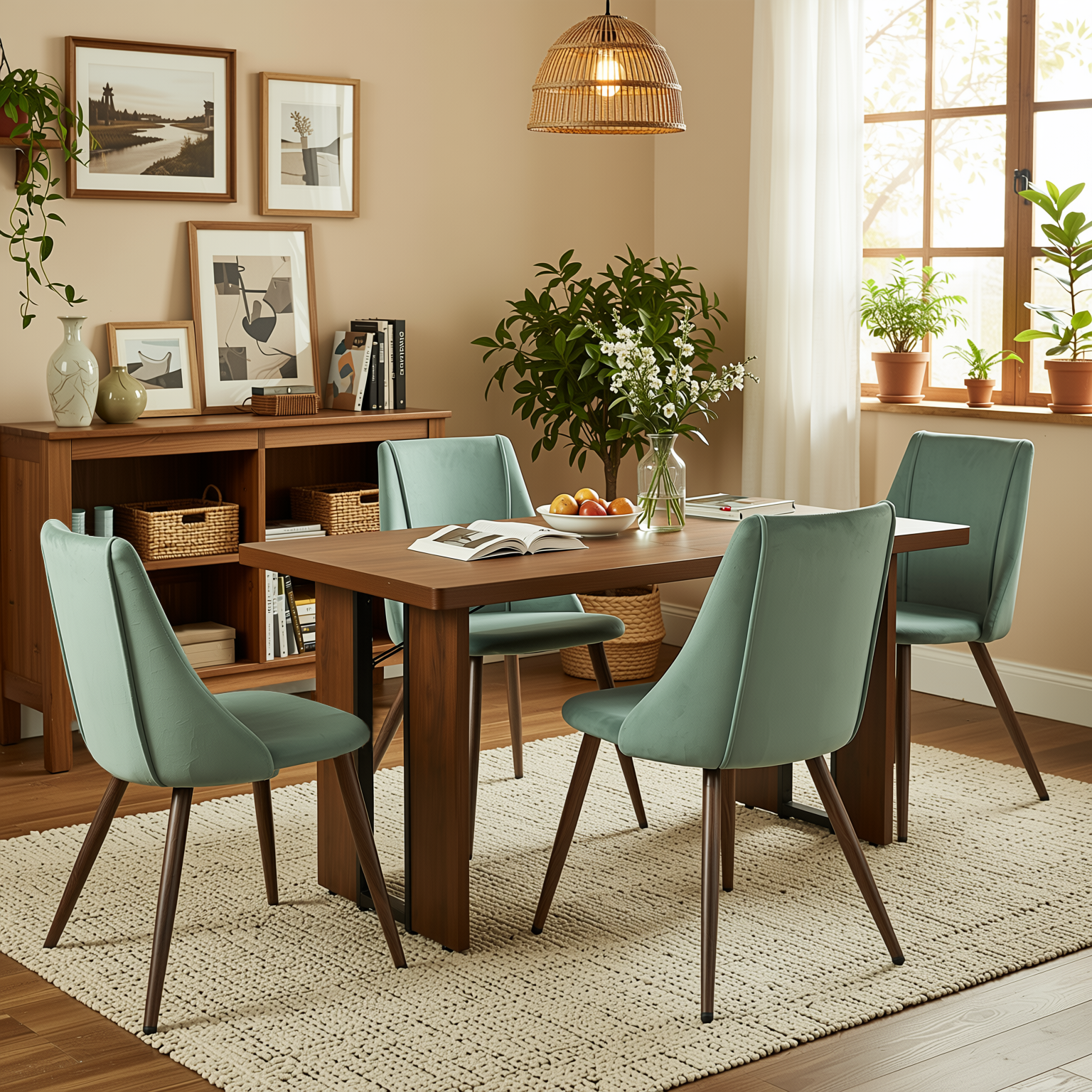 Homy Casa Sorian+Smeg 5PC Dining Set 63" Table with Cactus Velvet Upholstered Chairs