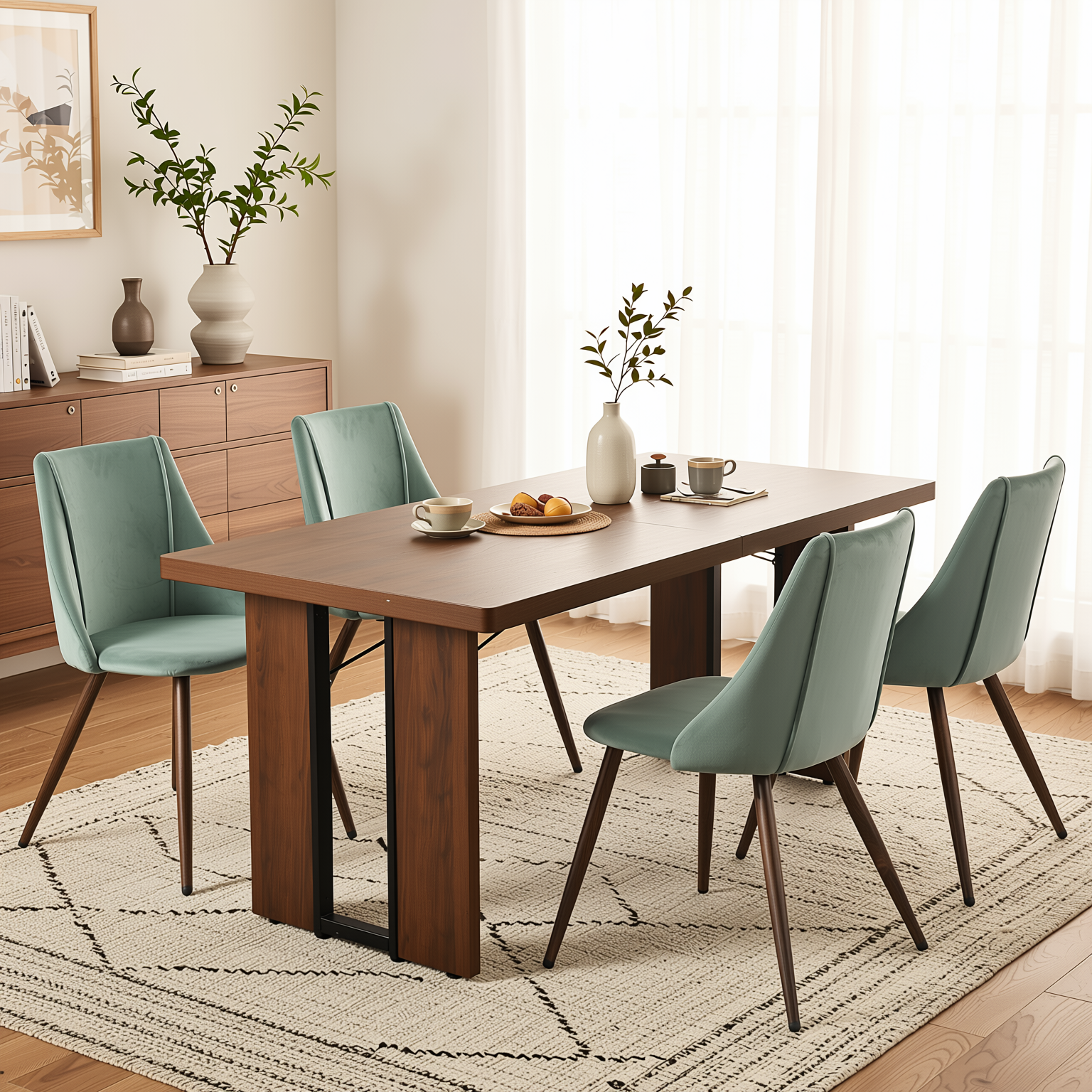 Homy Casa Sorian+Smeg 5PC Dining Set 63" Table with Cactus Velvet Upholstered Chairs