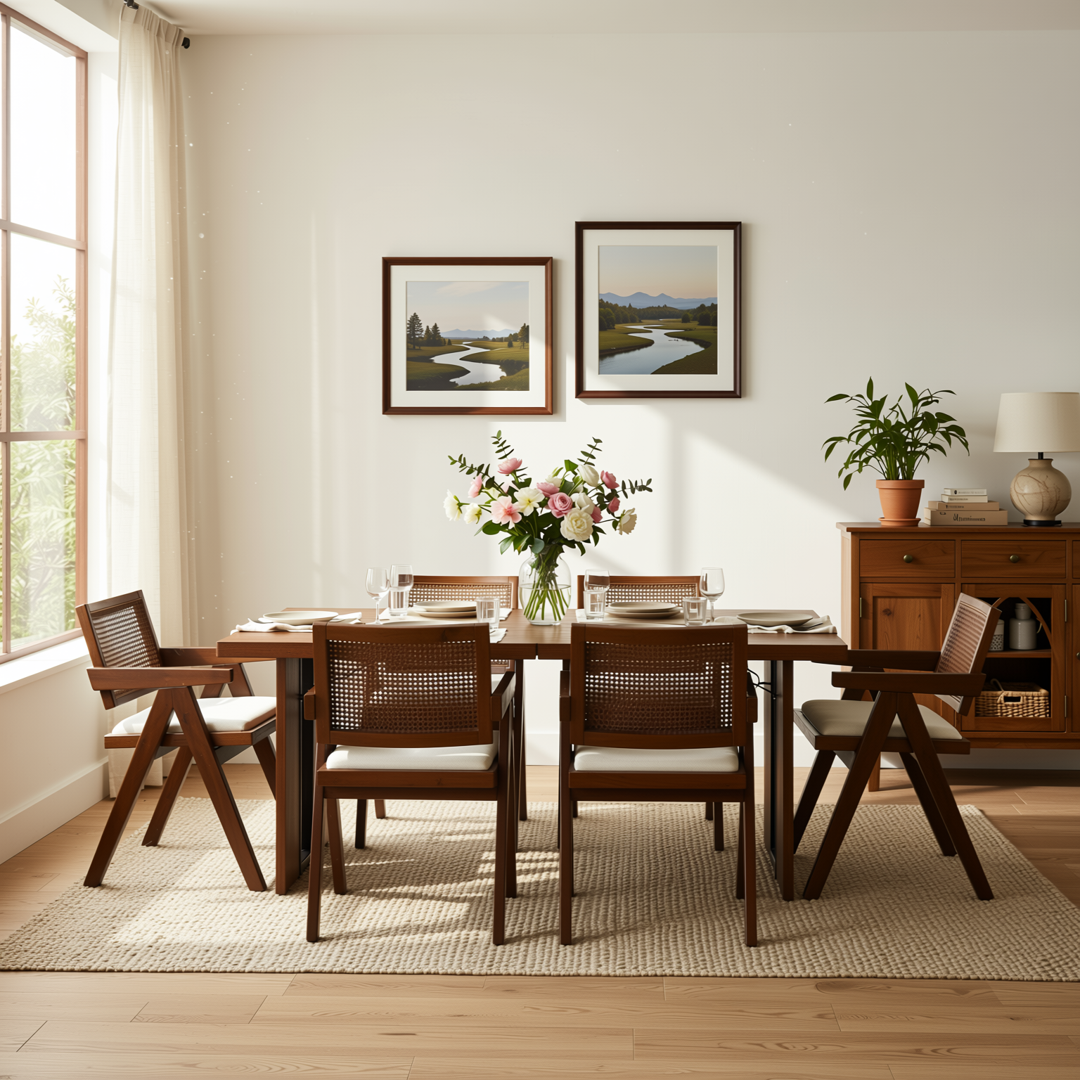 Homy Casa SORIAN+XUZIDS 7PC Dining Set 63" Table with 6 Biscuit Beige Upholstered Chairs Walnut Legs