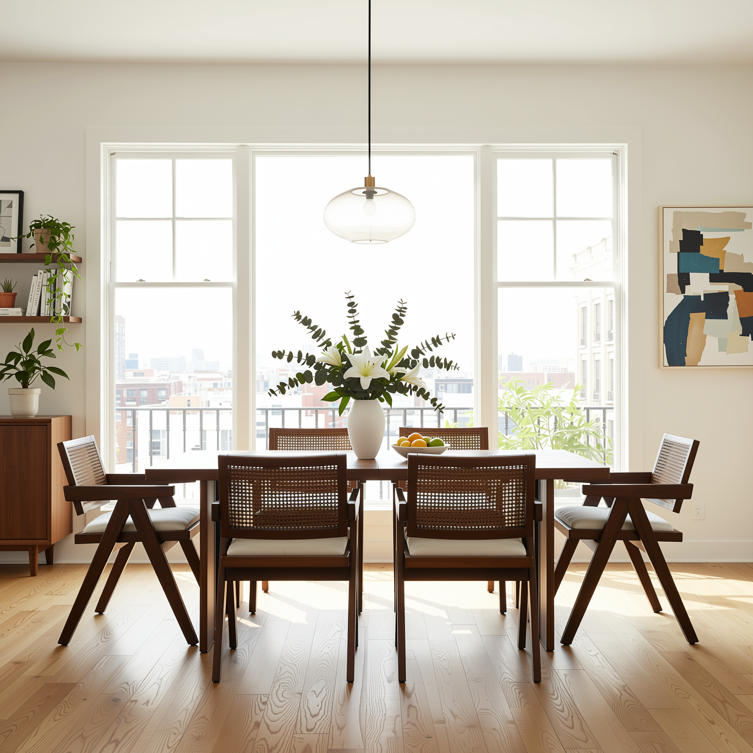 Homy Casa SORIAN+XUZIDS 7PC Dining Set 63" Table with 6 Biscuit Beige Upholstered Chairs Walnut Legs