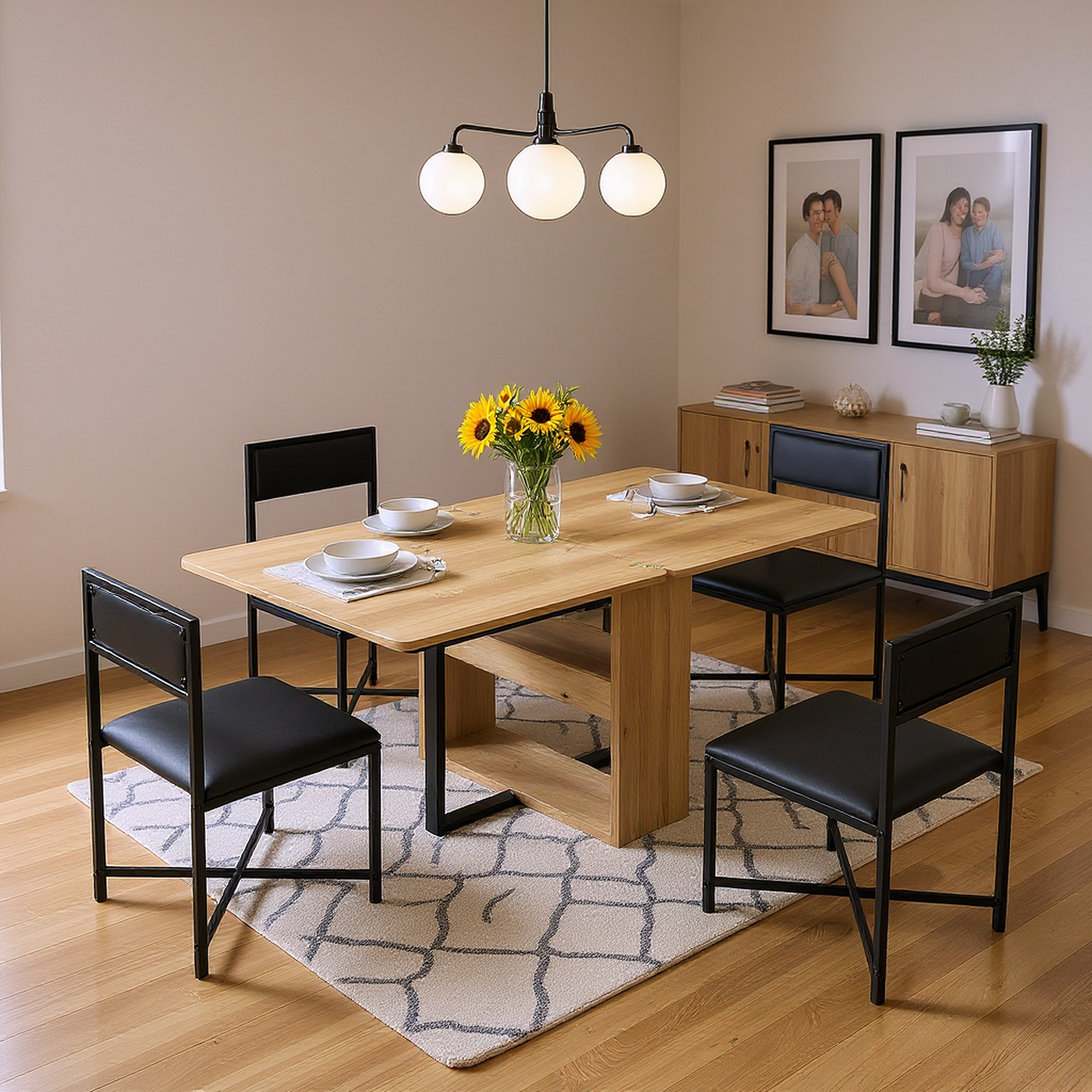 Lento 63" Modern Black 5 Piece Extendable Dining Table Set with Storage and Chairs