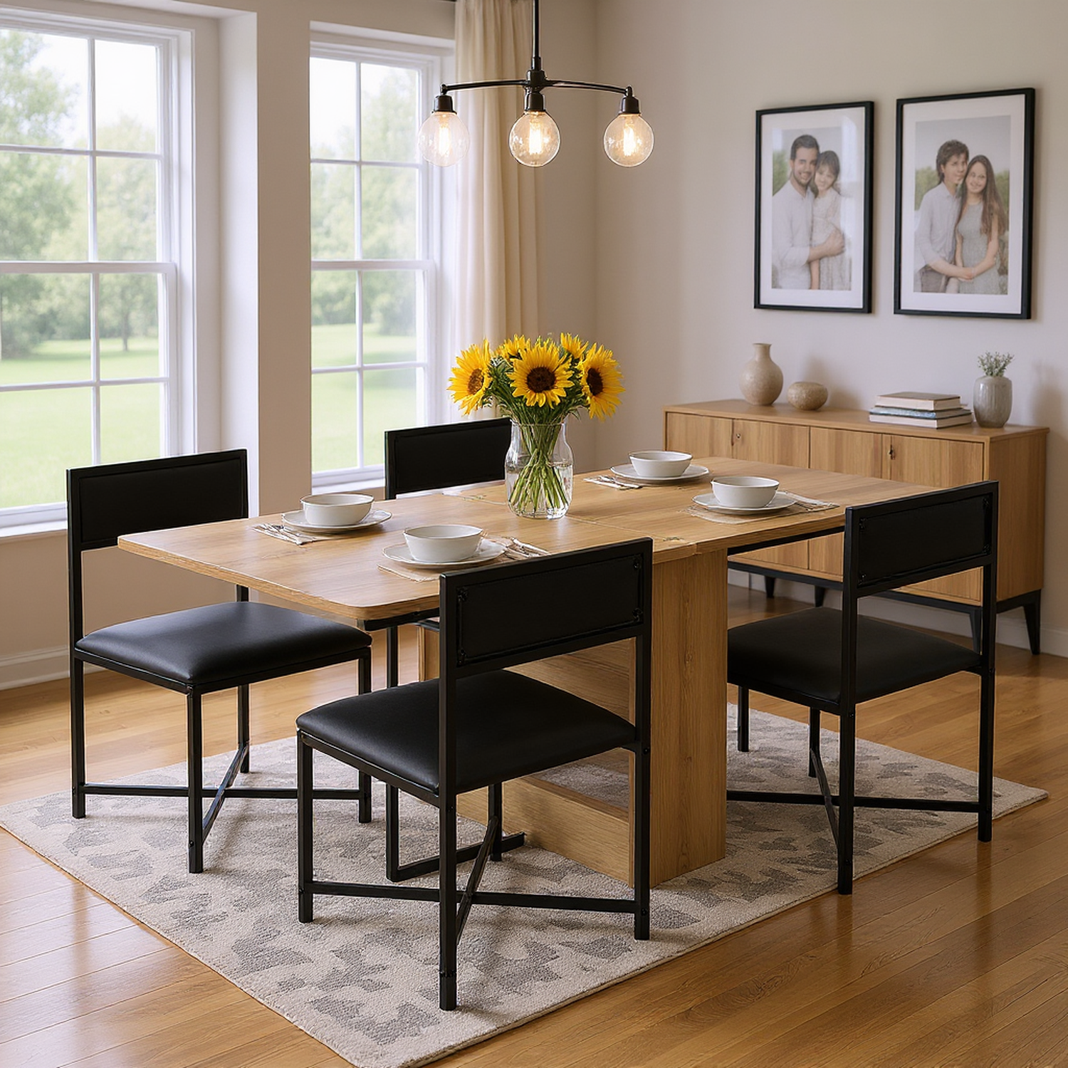 Lento 63" Modern Black 5 Piece Extendable Dining Table Set with Storage and Chairs