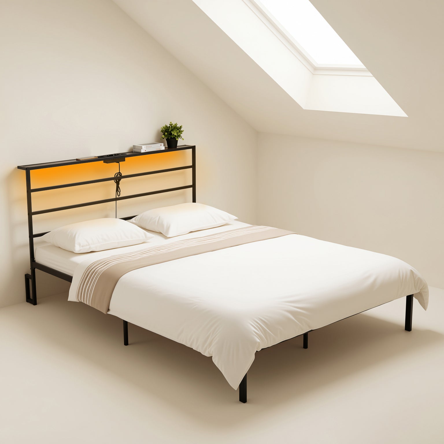 Staly Metal Bed Frame with Charging Outlet Headboard Twin / Full Size