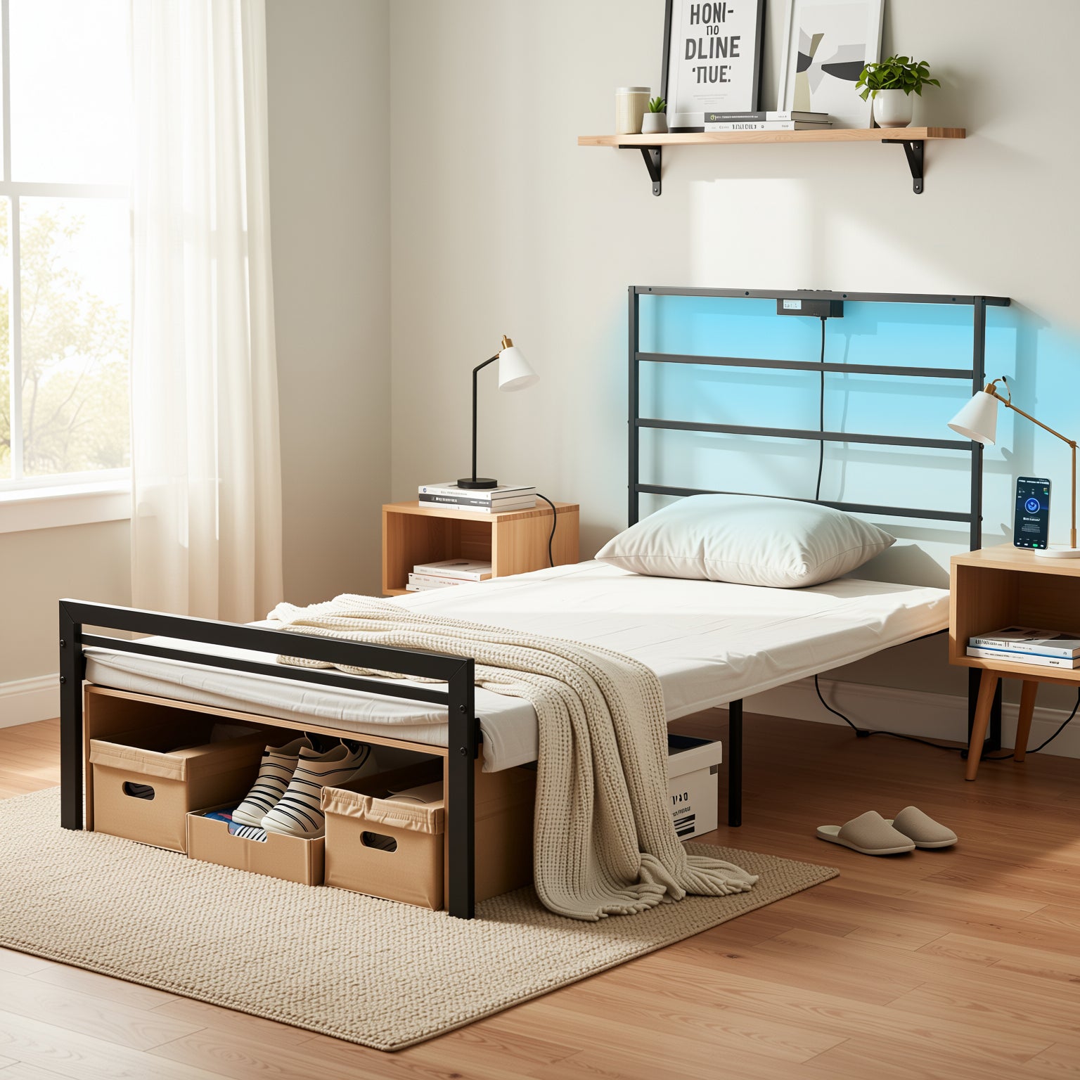 Staly Metal Bed Frame with Charging Outlet Headboard Twin / Full Size