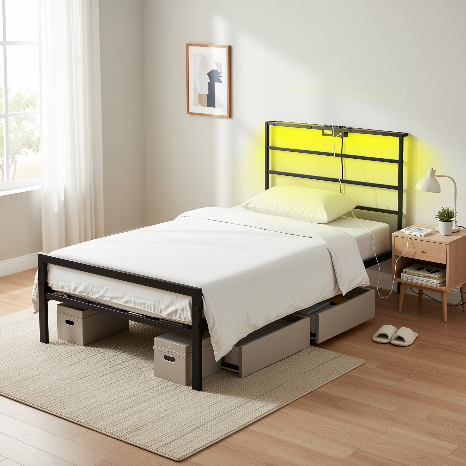 Staly Metal Bed Frame with Charging Outlet Headboard Twin / Full Size