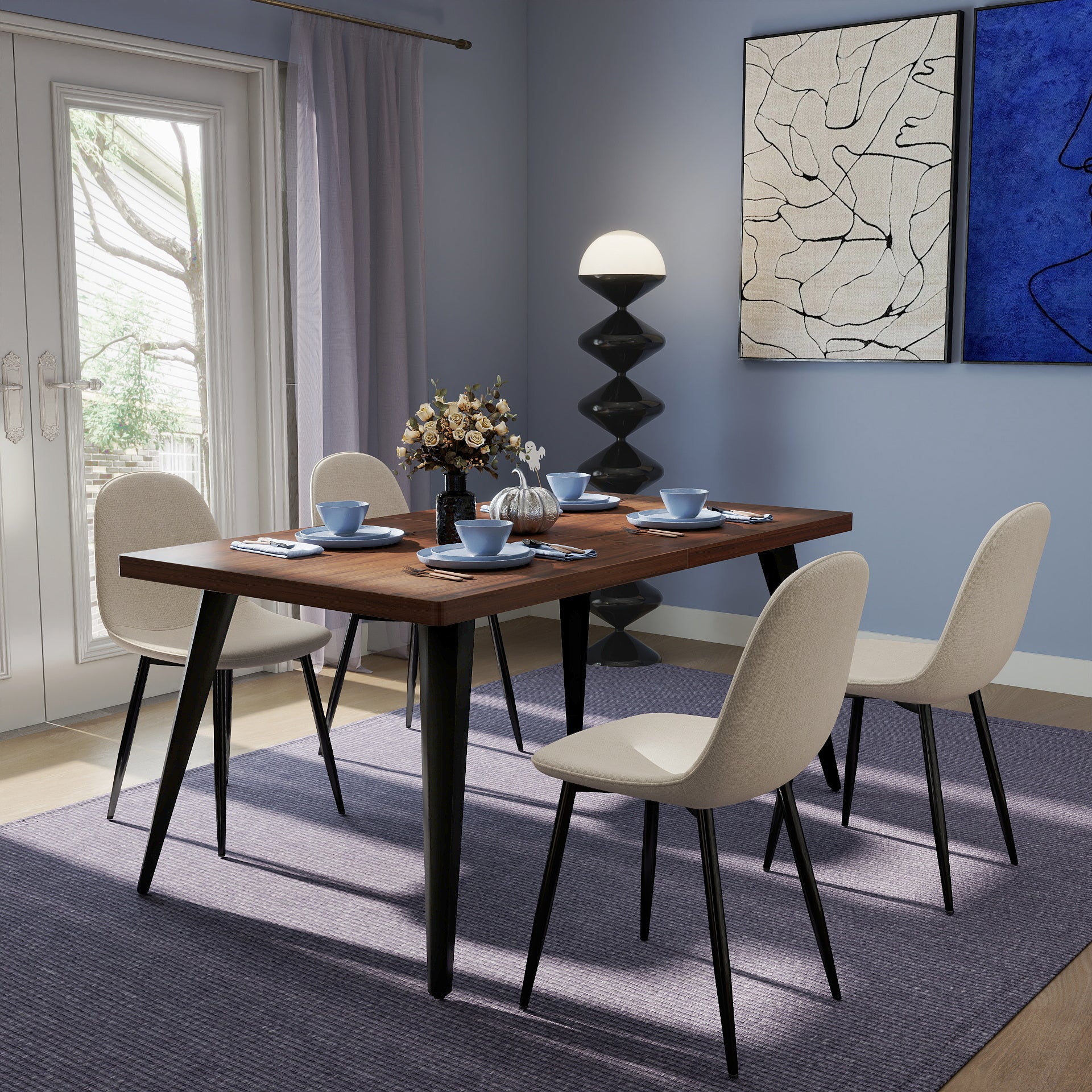 Stan 5 Piece Walnut Dining Table Set with 4 Charlton Upholstered Chairs
