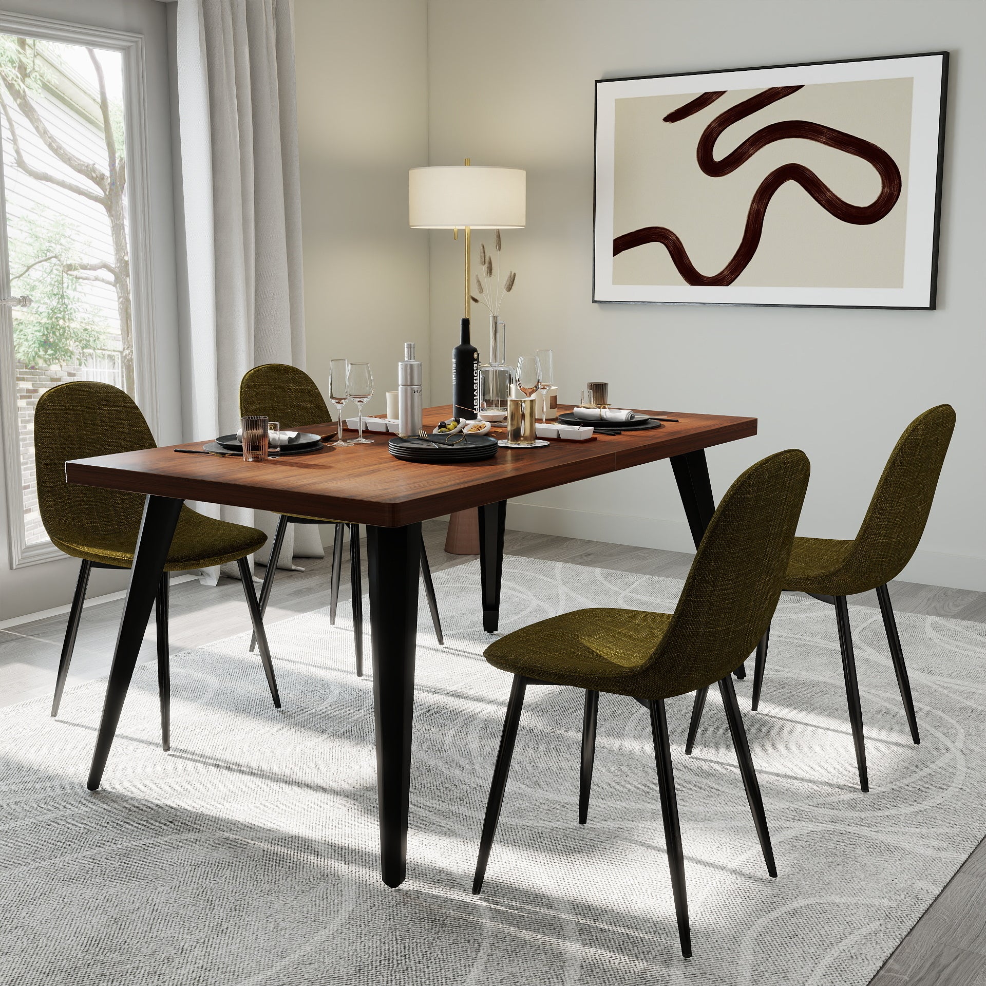 Stan 5 Piece Walnut Dining Table Set with 4 Charlton Upholstered Chairs