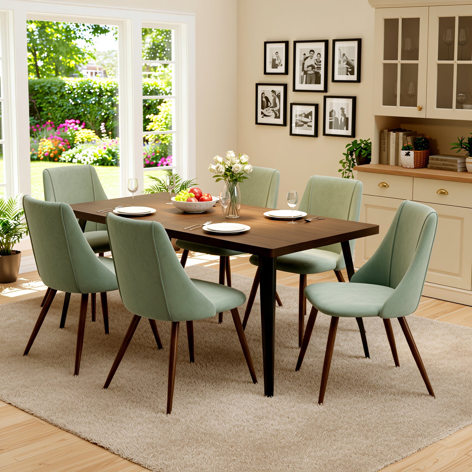 Homy Casa Stan 63" Dining Table Set with 6 Smeg Cactus Upholsted Dining Chairs