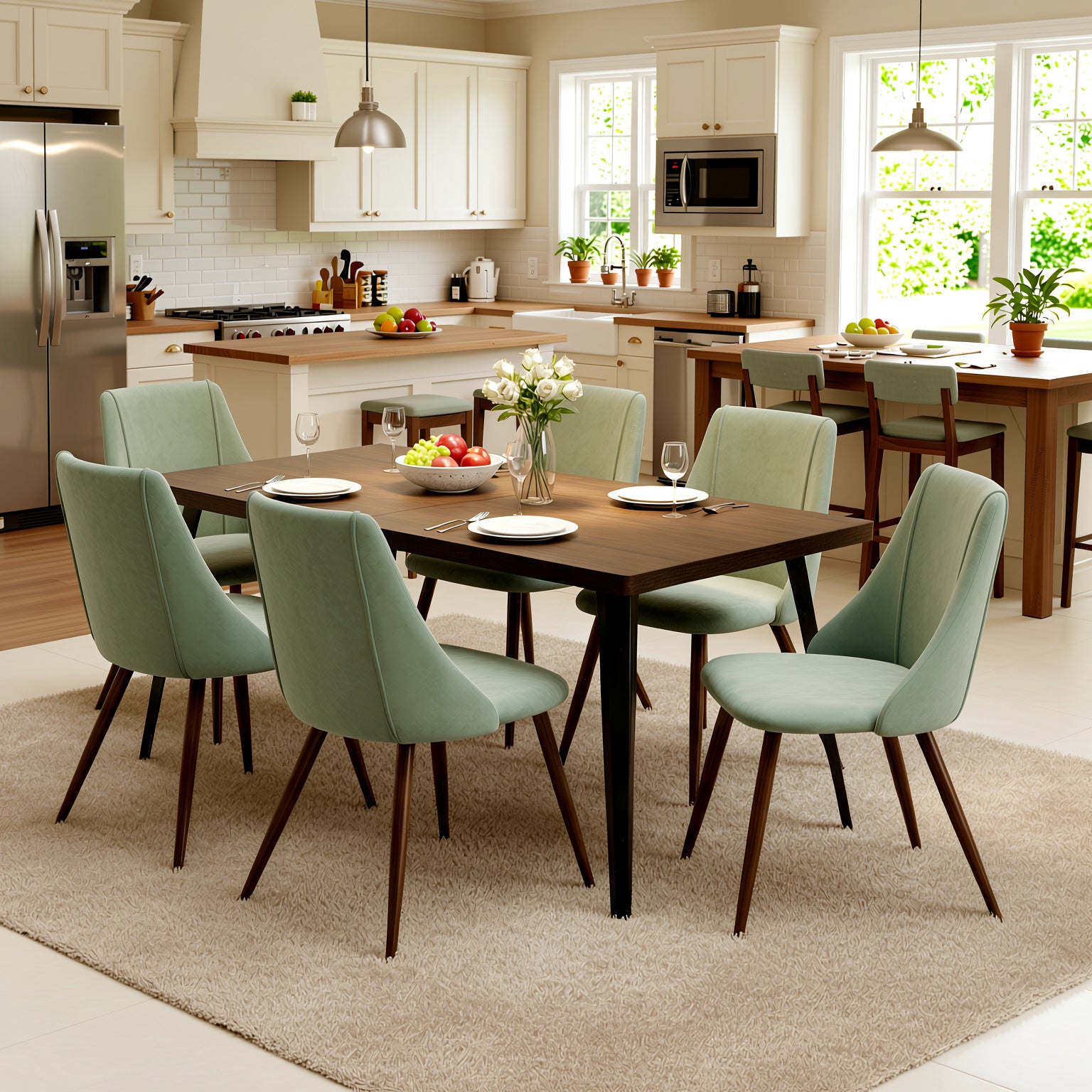 Homy Casa Stan 63" Dining Table Set with 6 Smeg Cactus Upholsted Dining Chairs