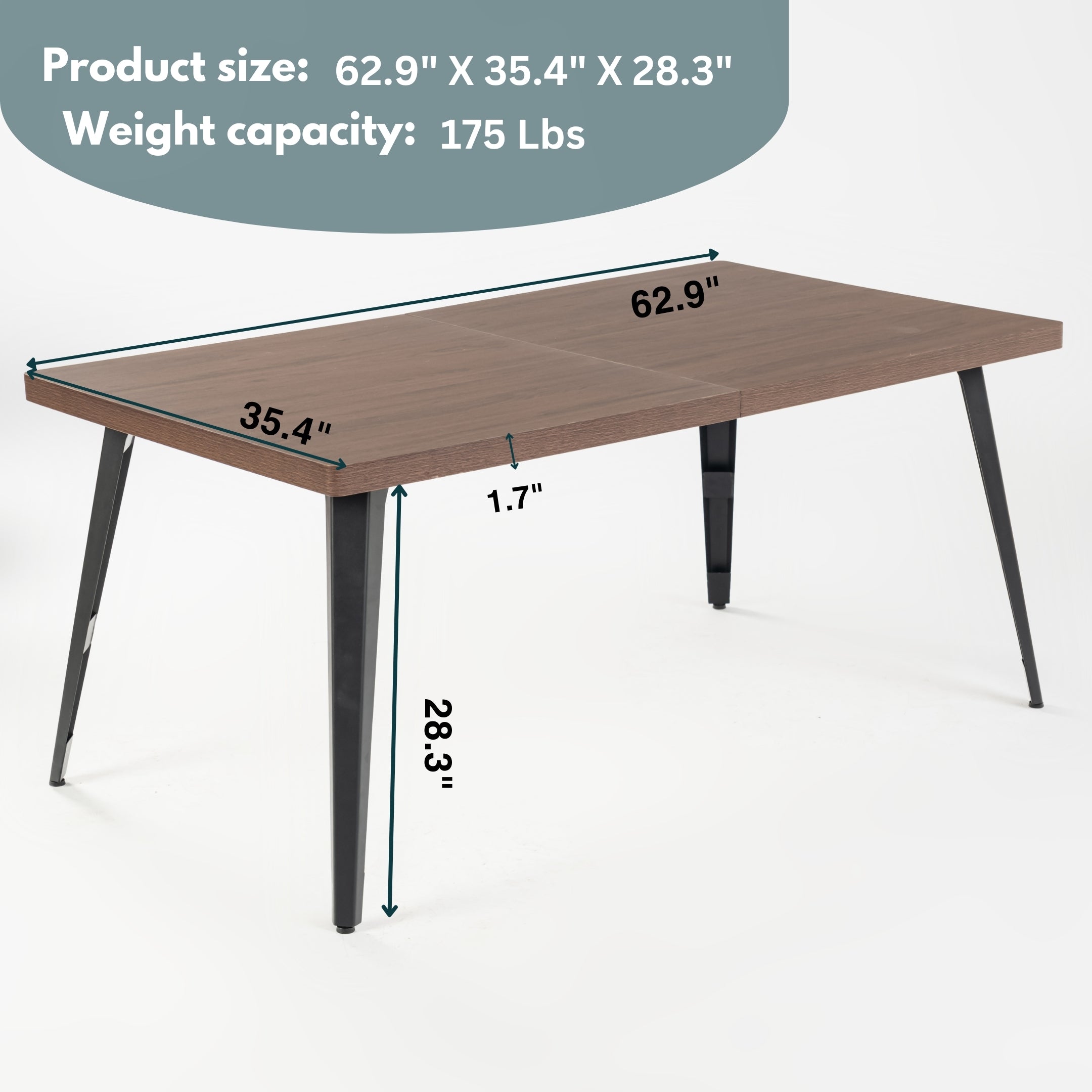 Homy Casa Stan 63” Rectangular Dining Table with Brown Wood Top & Black Metal Legs