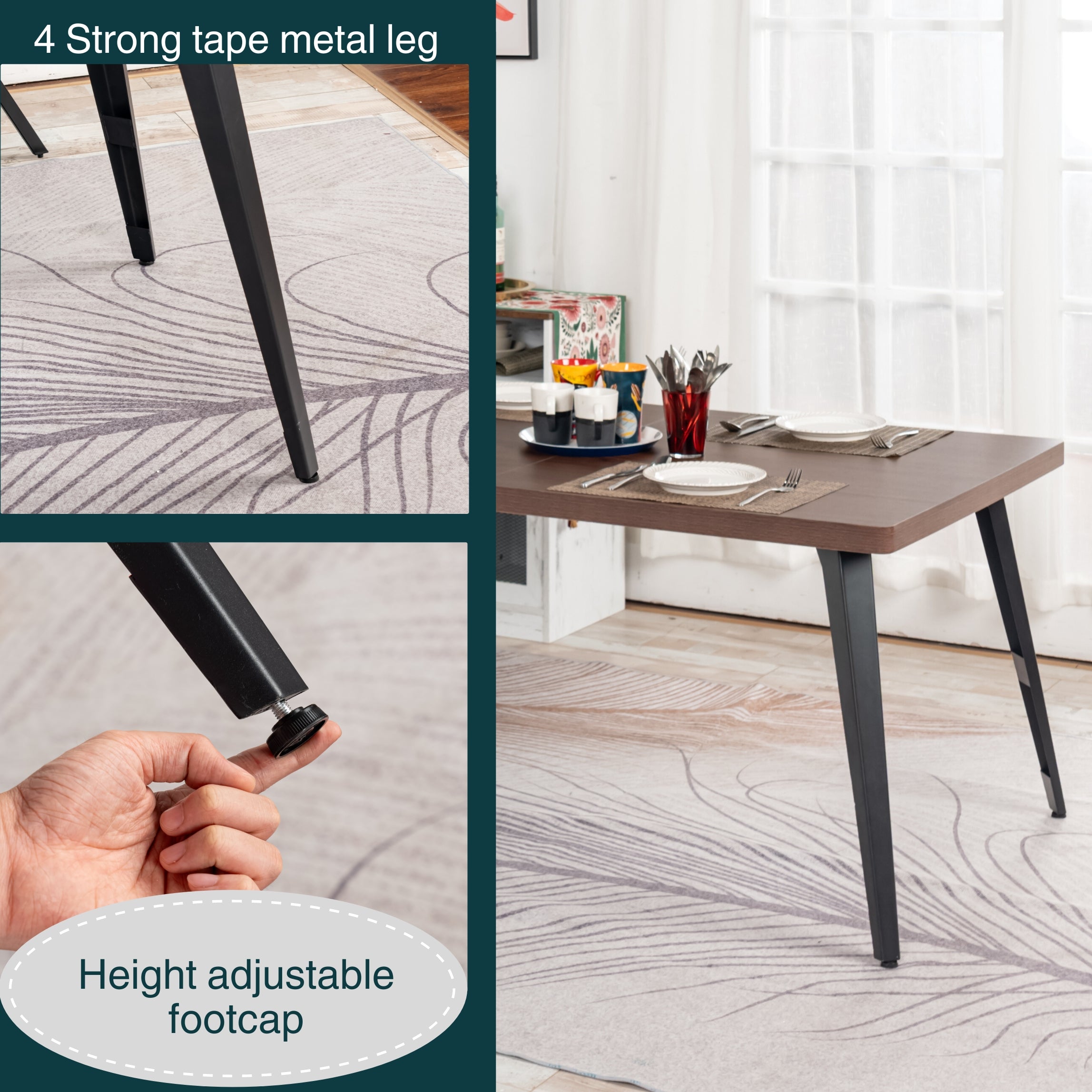 Homy Casa Stan 63” Rectangular Dining Table with Brown Wood Top & Black Metal Legs