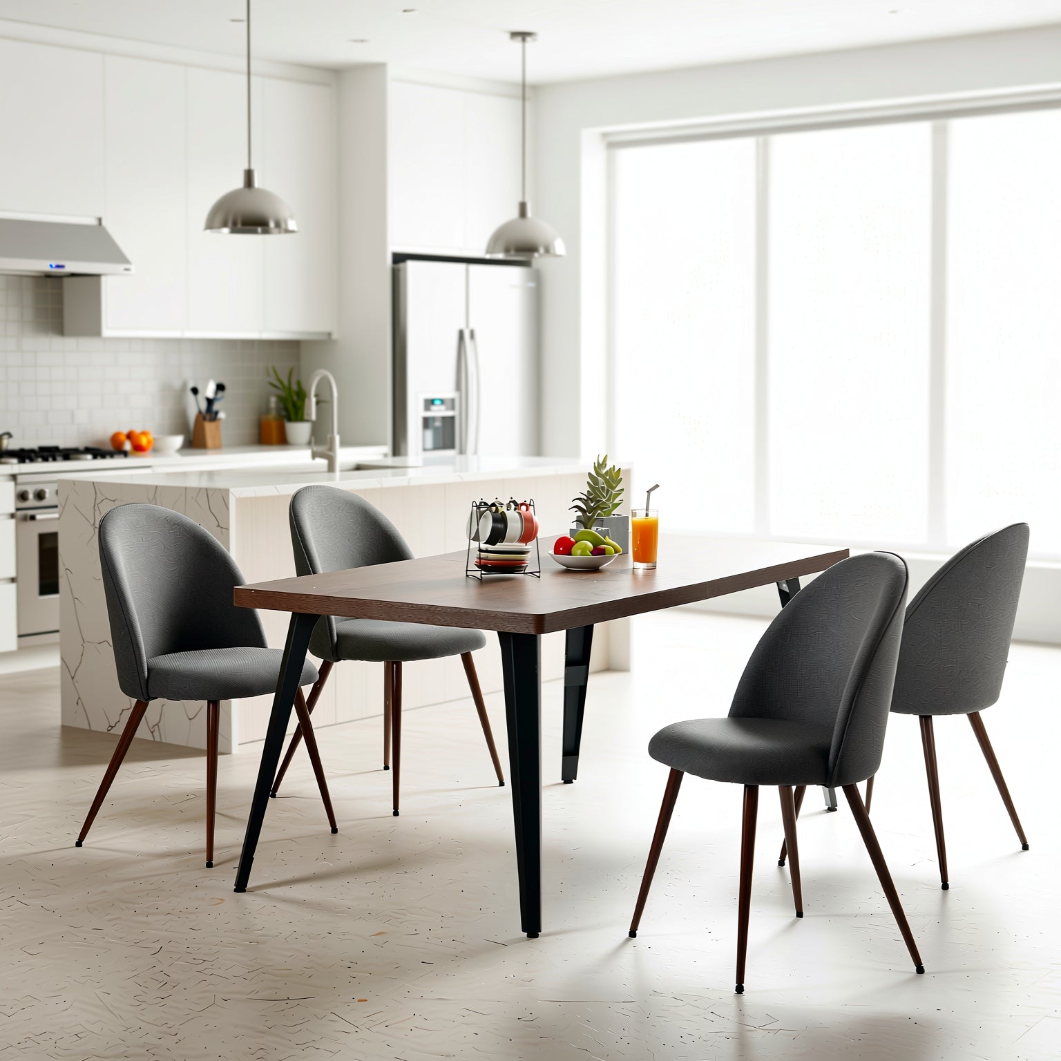 Stan 5 Piece Walnut Dining Table Set 63” Table with 4 Haven Upholstered Chairs