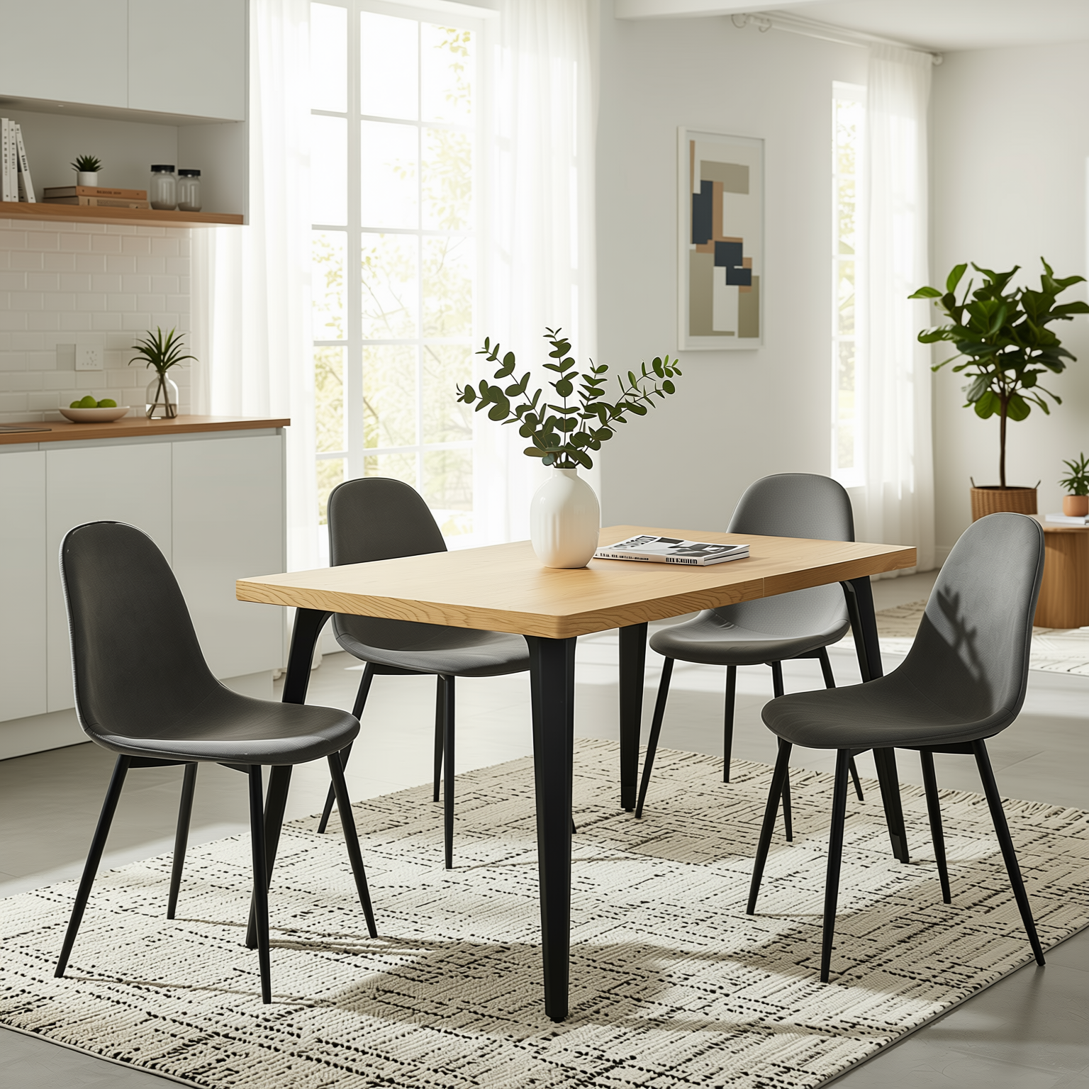 Stan 63” Rectangular Dining Table with Wood Top & Black Metal Legs