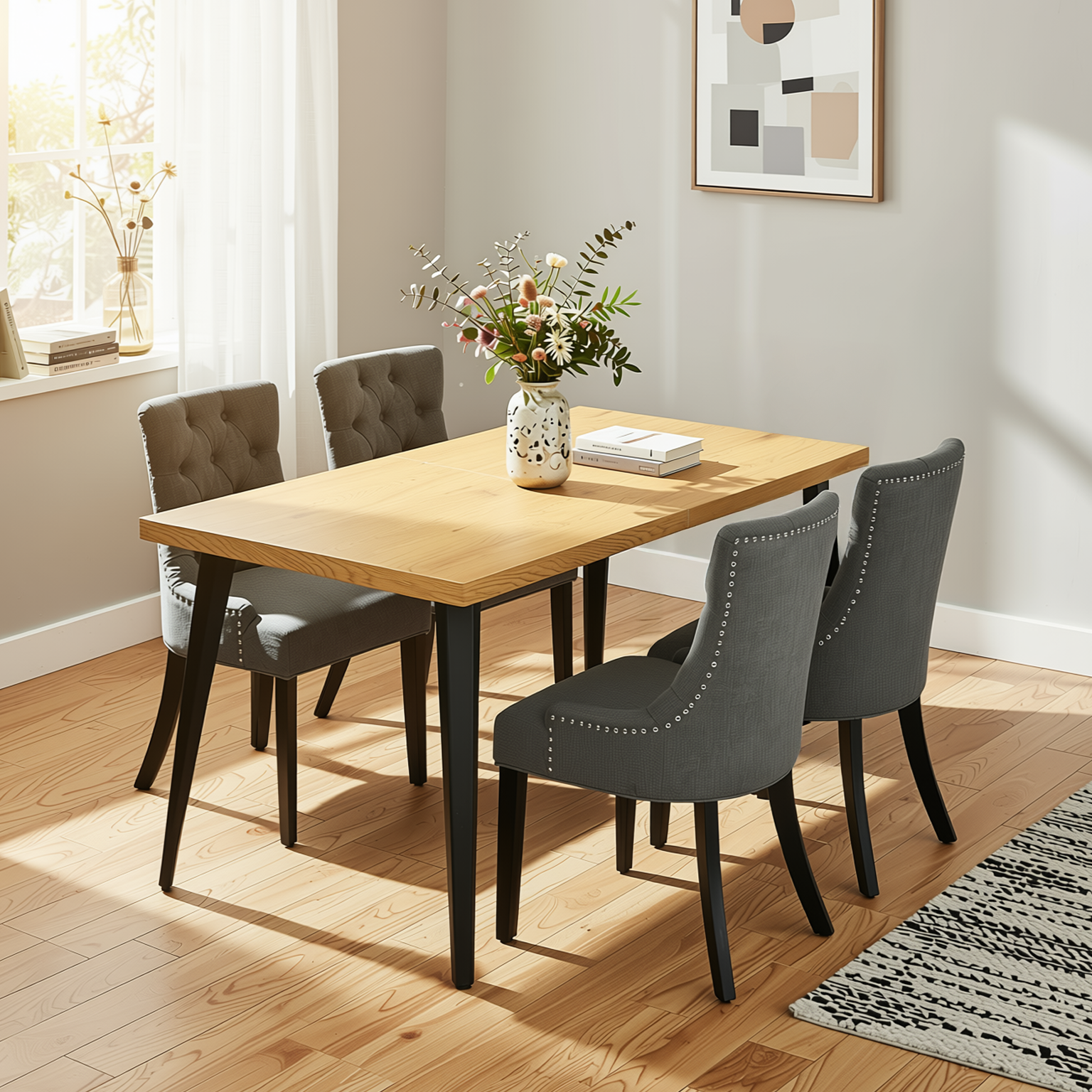 Stan 63” Rectangular Dining Table with Wood Top & Black Metal Legs