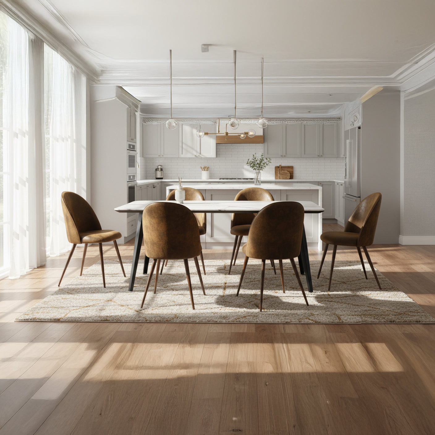 Stan 7 Piece White Marble Dining Table Set with 6 Haven Upholstered Chairs