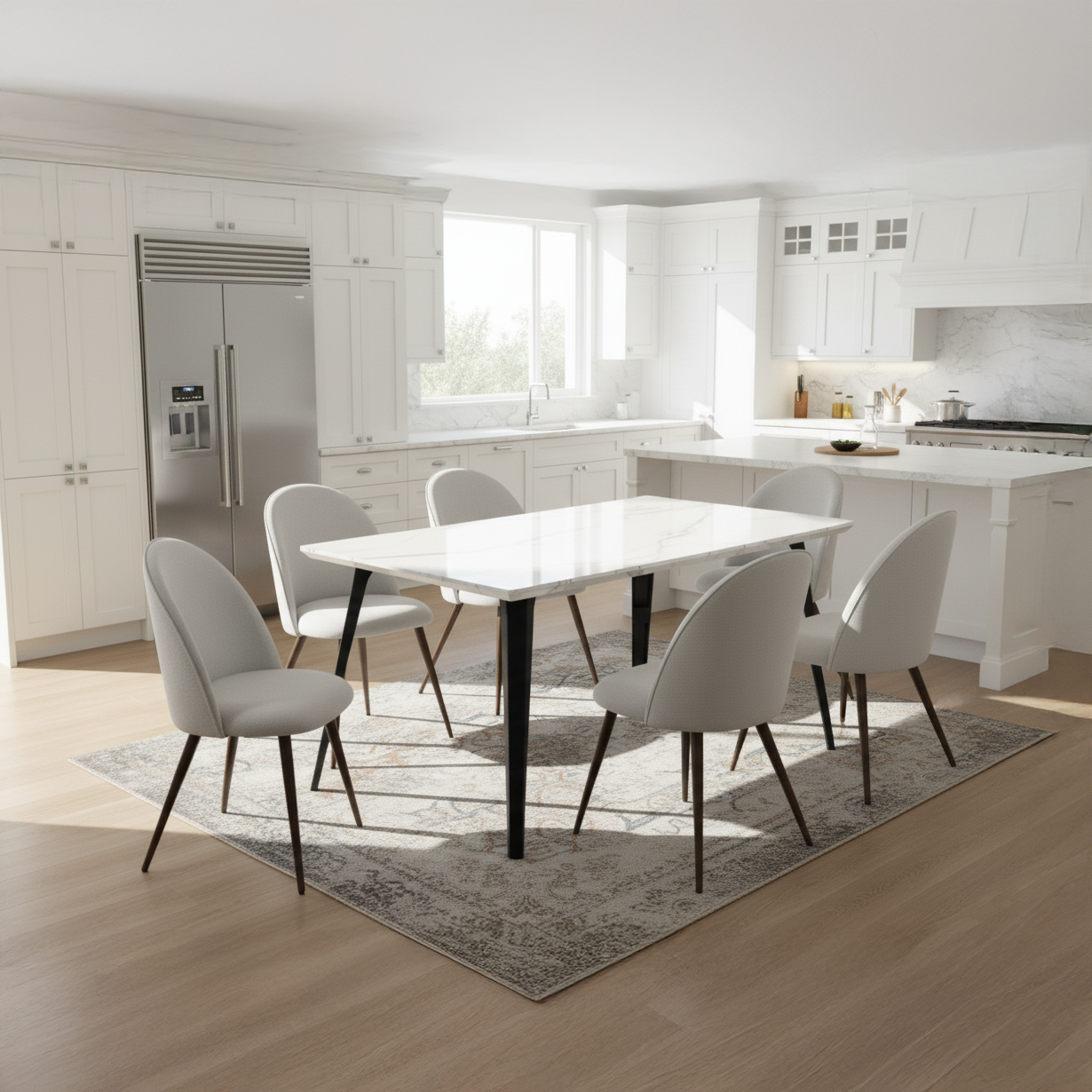 Stan 7 Piece White Marble Dining Table Set with 6 Haven Upholstered Chairs