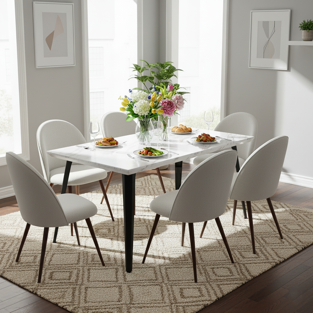 Stan 7 Piece White Marble Dining Table Set with 6 Haven Upholstered Chairs