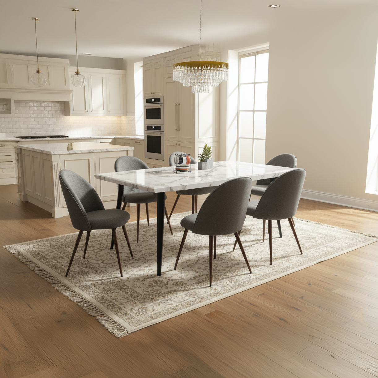 Stan 7 Piece White Marble Dining Table Set with 6 Haven Upholstered Chairs