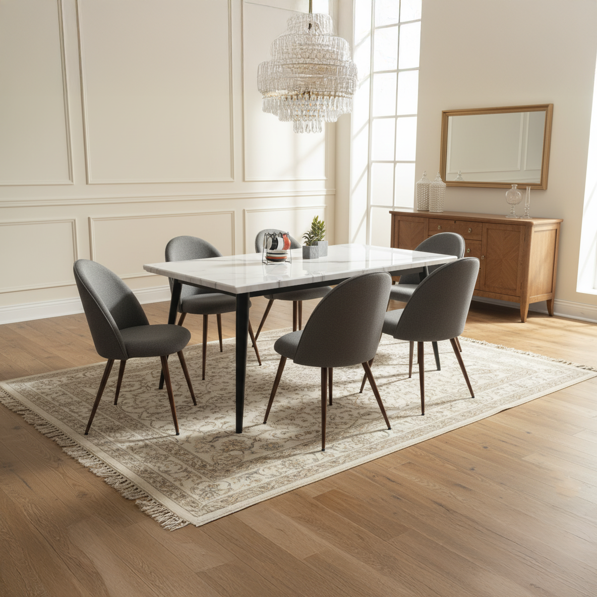 Stan 7 Piece White Marble Dining Table Set with 6 Haven Upholstered Chairs