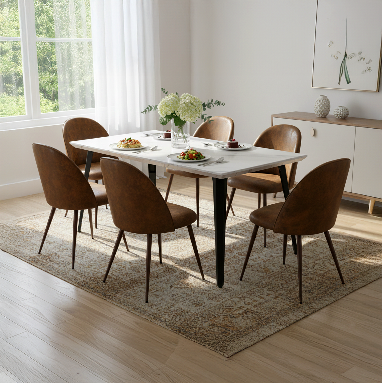 Stan 7 Piece White Marble Dining Table Set with 6 Haven Upholstered Chairs