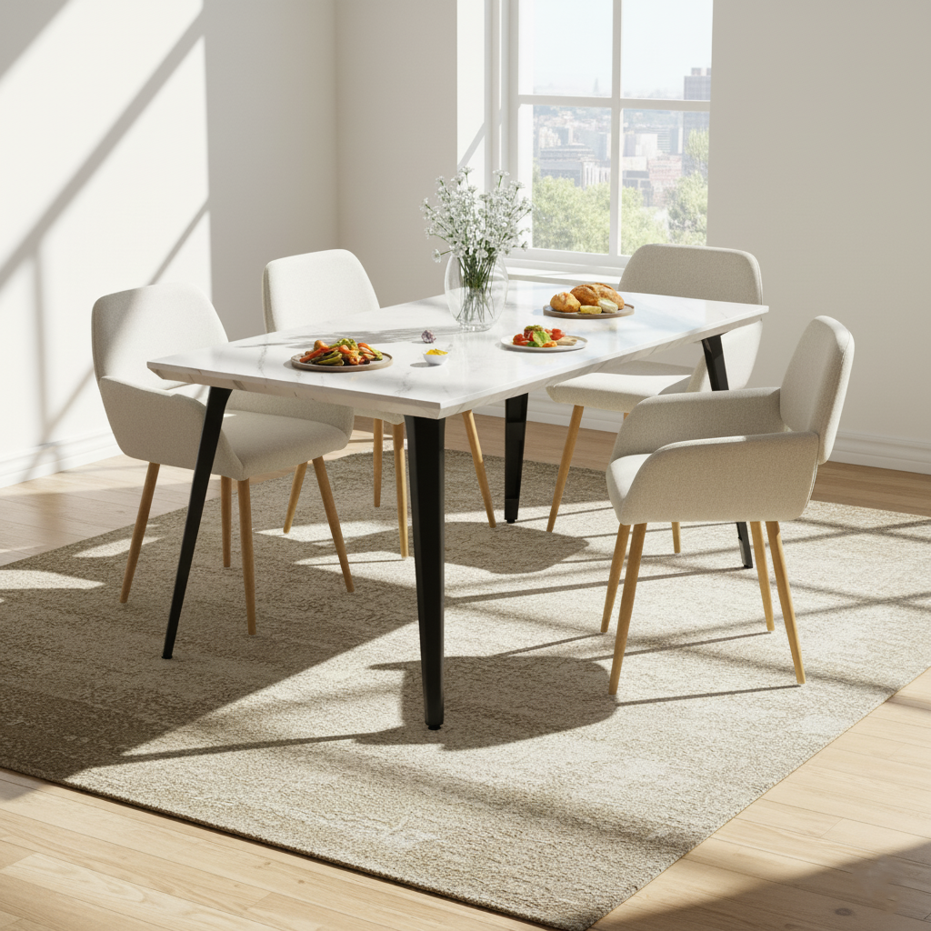 Stan 5 Piece White Marble Dining Table Set with 4 Mayfair Upholstered Chairs, Beige