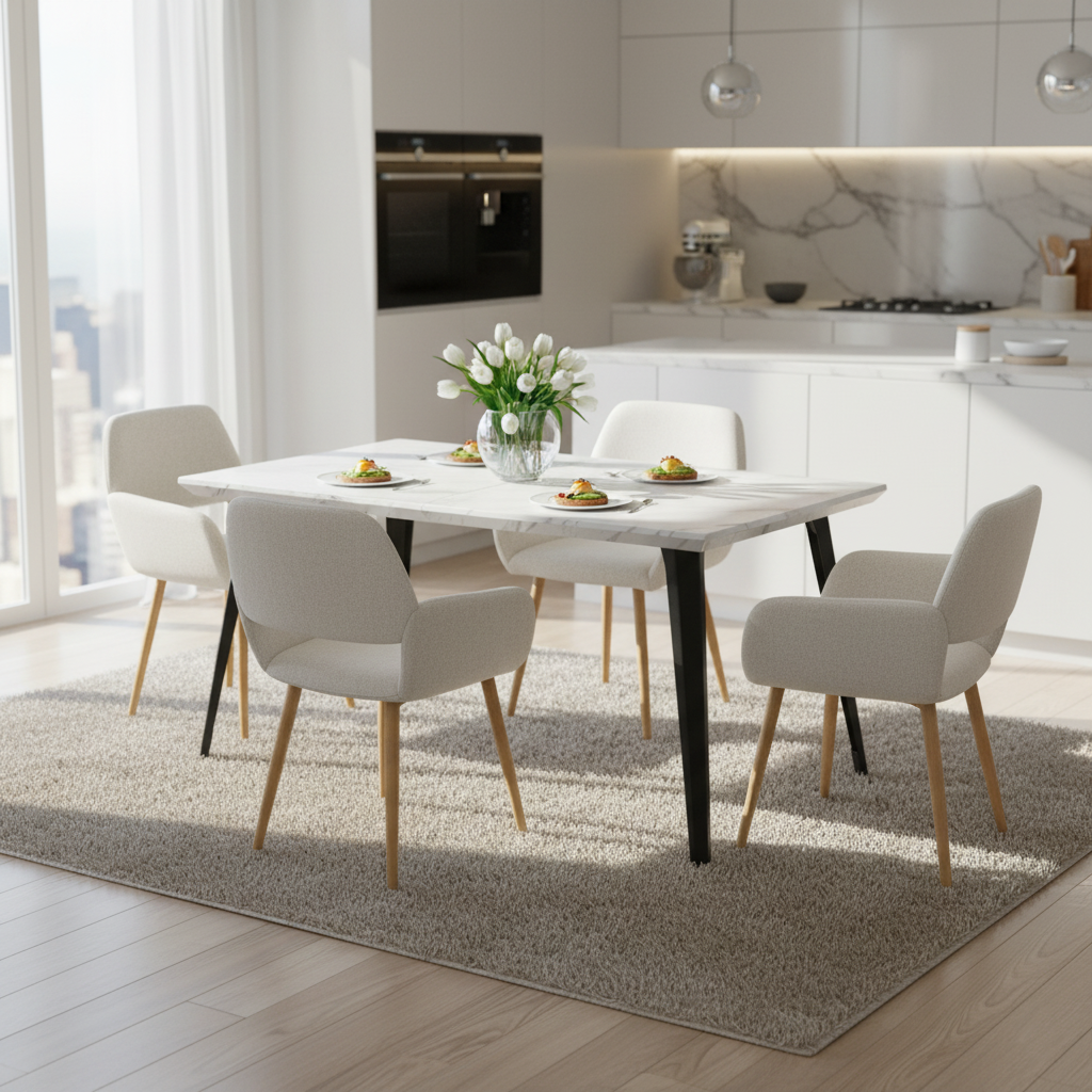 Stan 5 Piece White Marble Dining Table Set with 4 Mayfair Upholstered Chairs, Beige