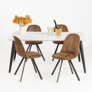 Stan 5PC Dining Set 63” Table in White Marble Top Finish with 4 Sunflower Upholstered Chairs, Suede Brown